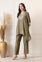 Olive Green Crush Silk Sequin Work Co-ord Set- Set of 2