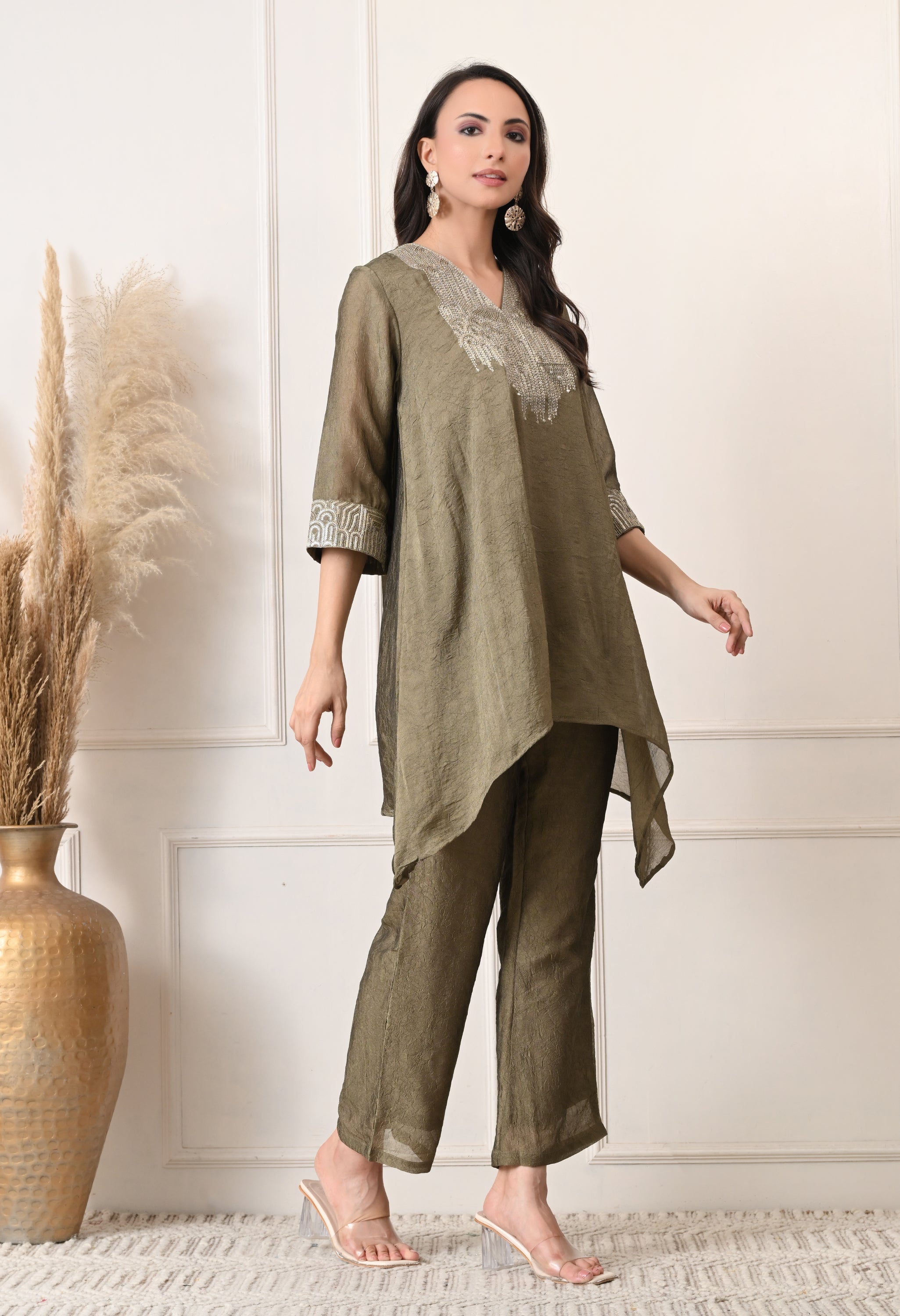 Olive Green Crush Silk Sequin Work Co-ord Set- Set of 2