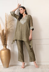 Olive Green Crush Silk Sequin Work Co-ord Set- Set of 2