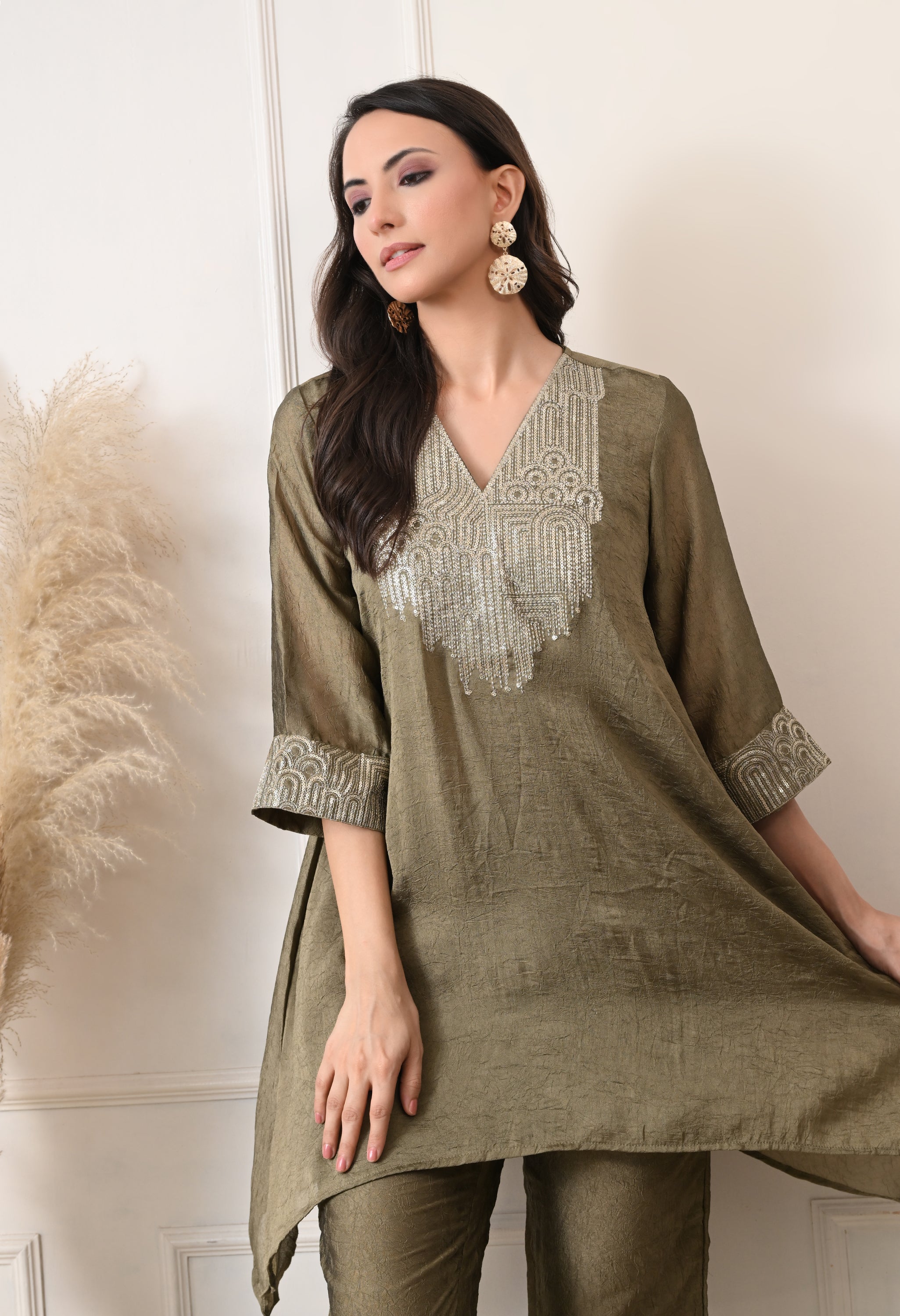 Olive Green Crush Silk Sequin Work Co-ord Set- Set of 2