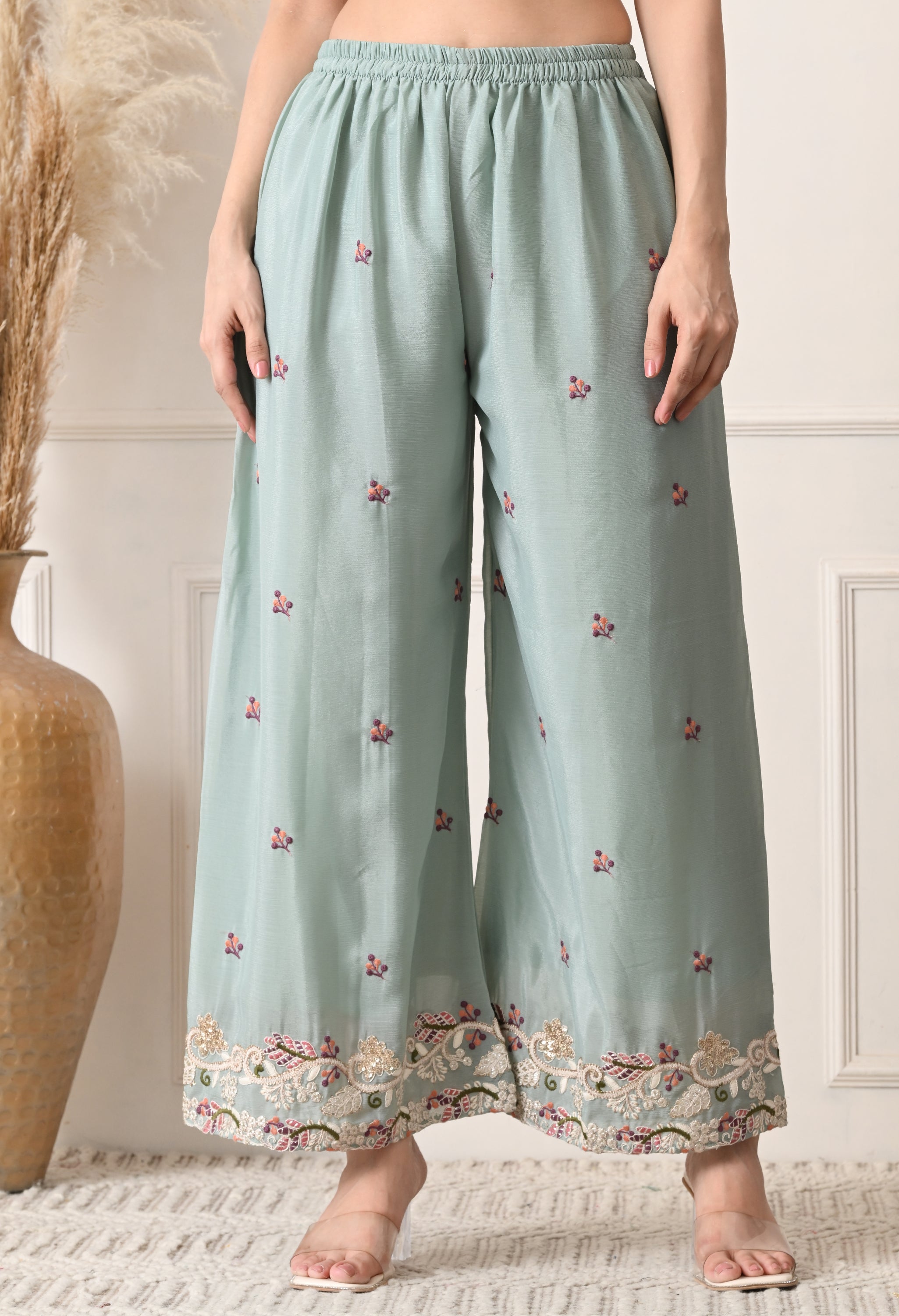 Powder Blue Chinon Embroidered Sharara Suit- Set of 3