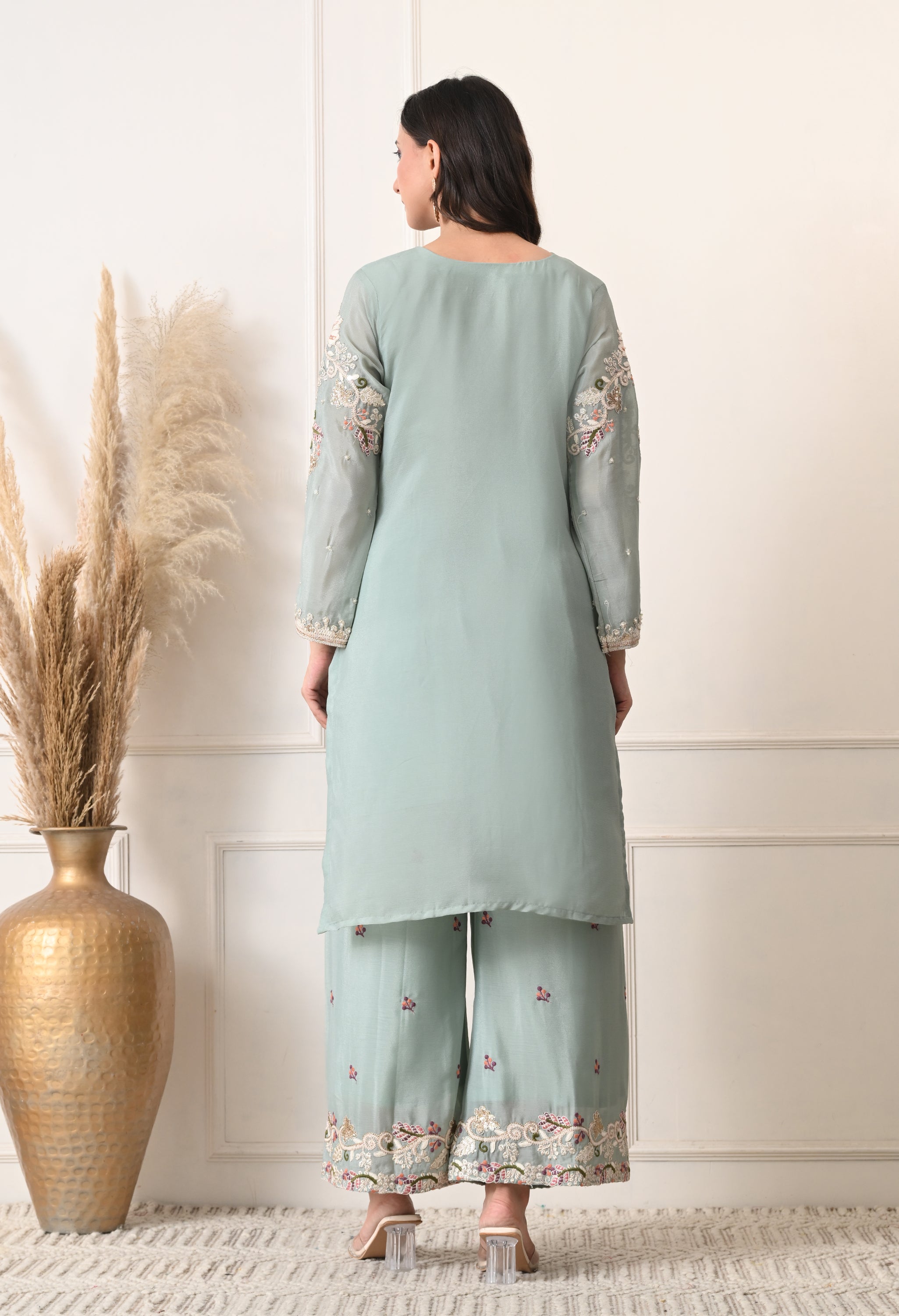 Powder Blue Chinon Embroidered Sharara Suit- Set of 3