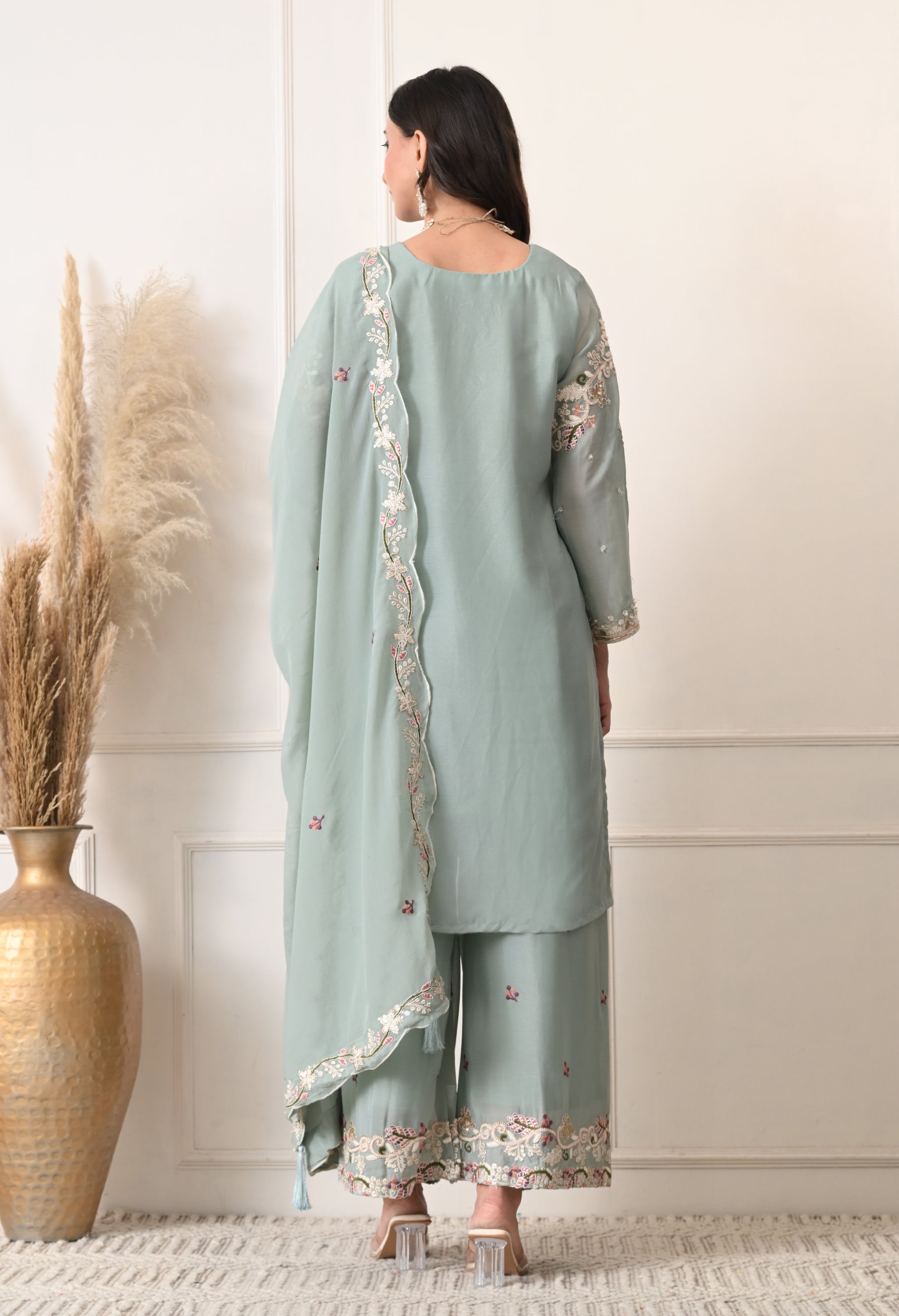 Powder Blue Chinon Embroidered Sharara Suit- Set of 3