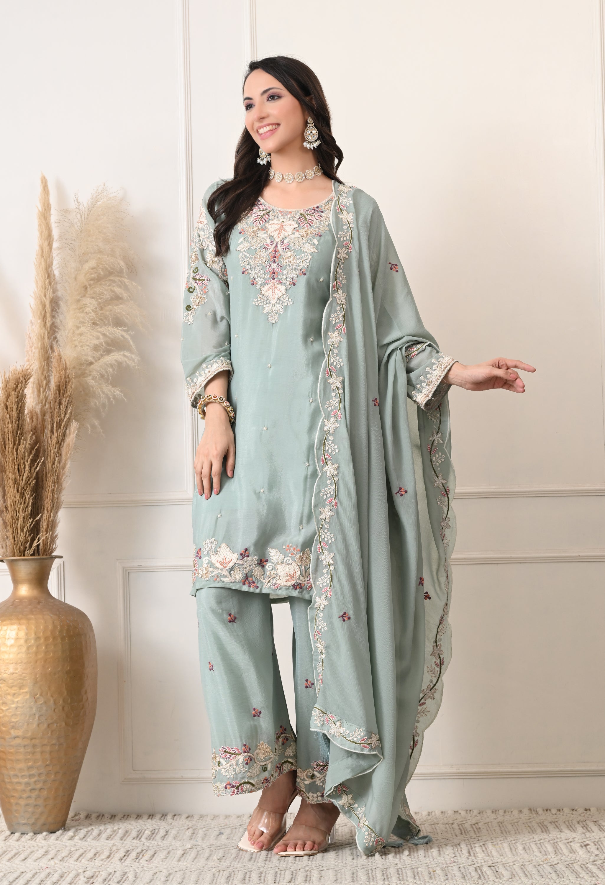 Powder Blue Chinon Embroidered Sharara Suit- Set of 3