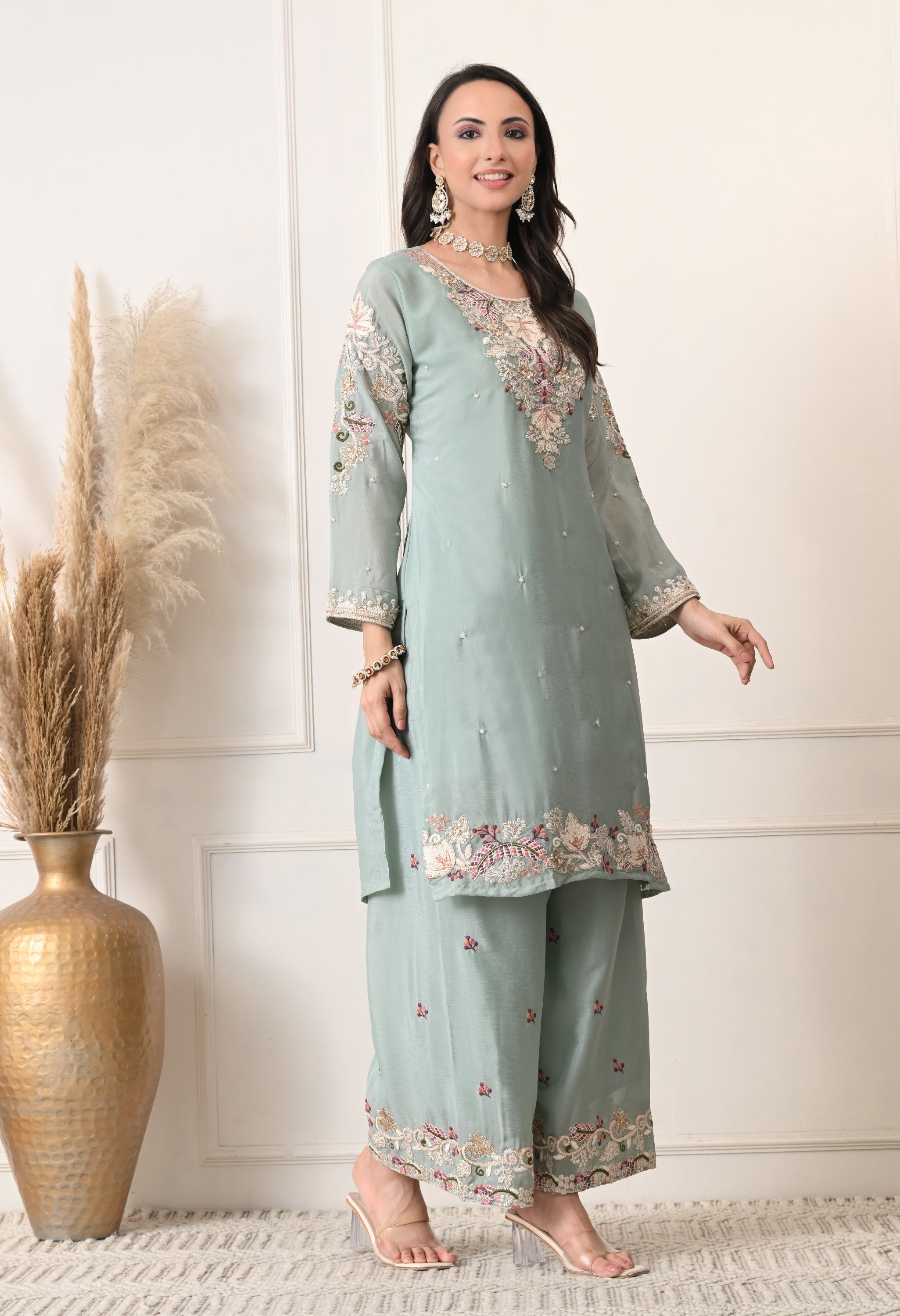 Powder Blue Chinon Embroidered Sharara Suit- Set of 3