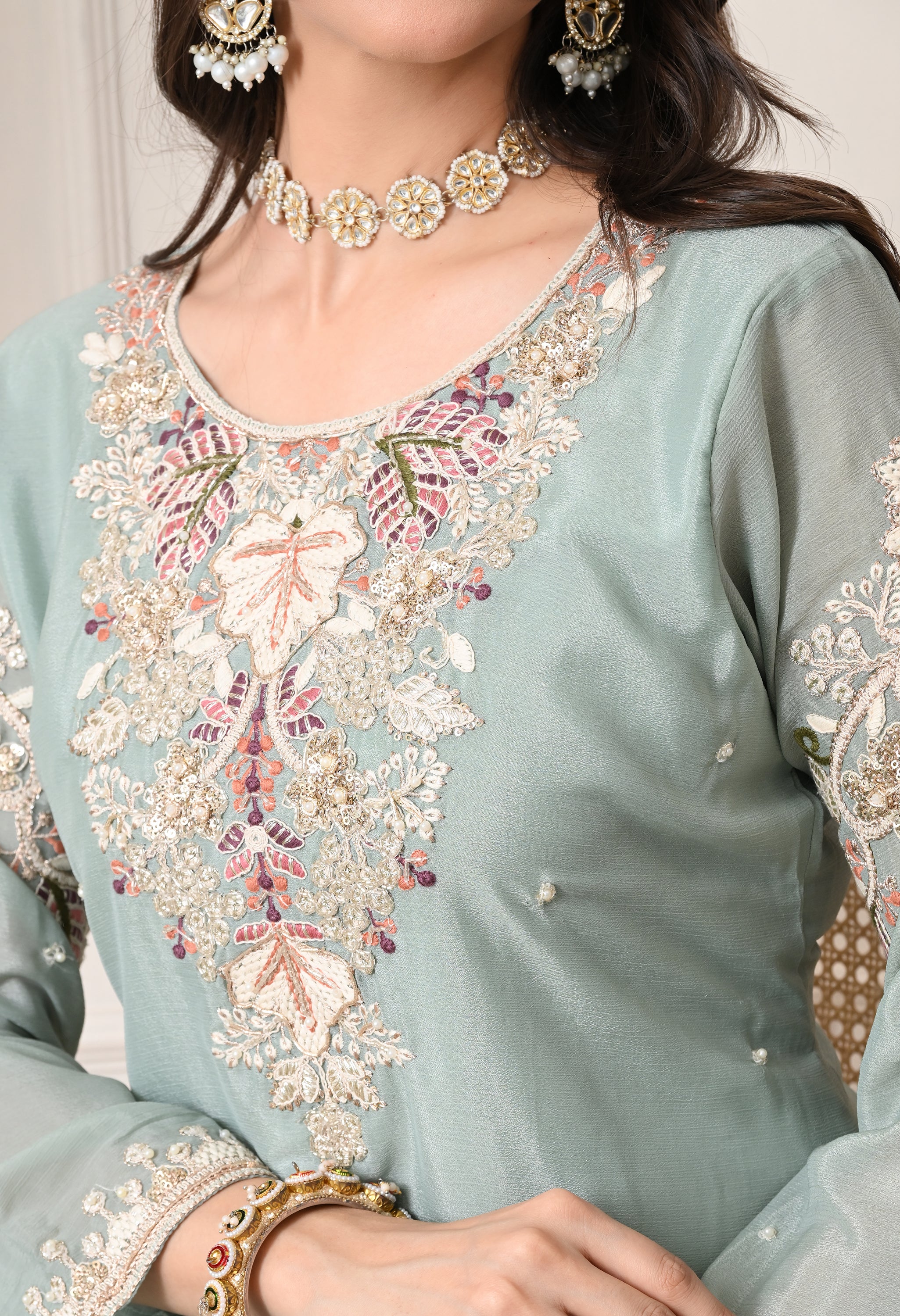 Powder Blue Chinon Embroidered Sharara Suit- Set of 3