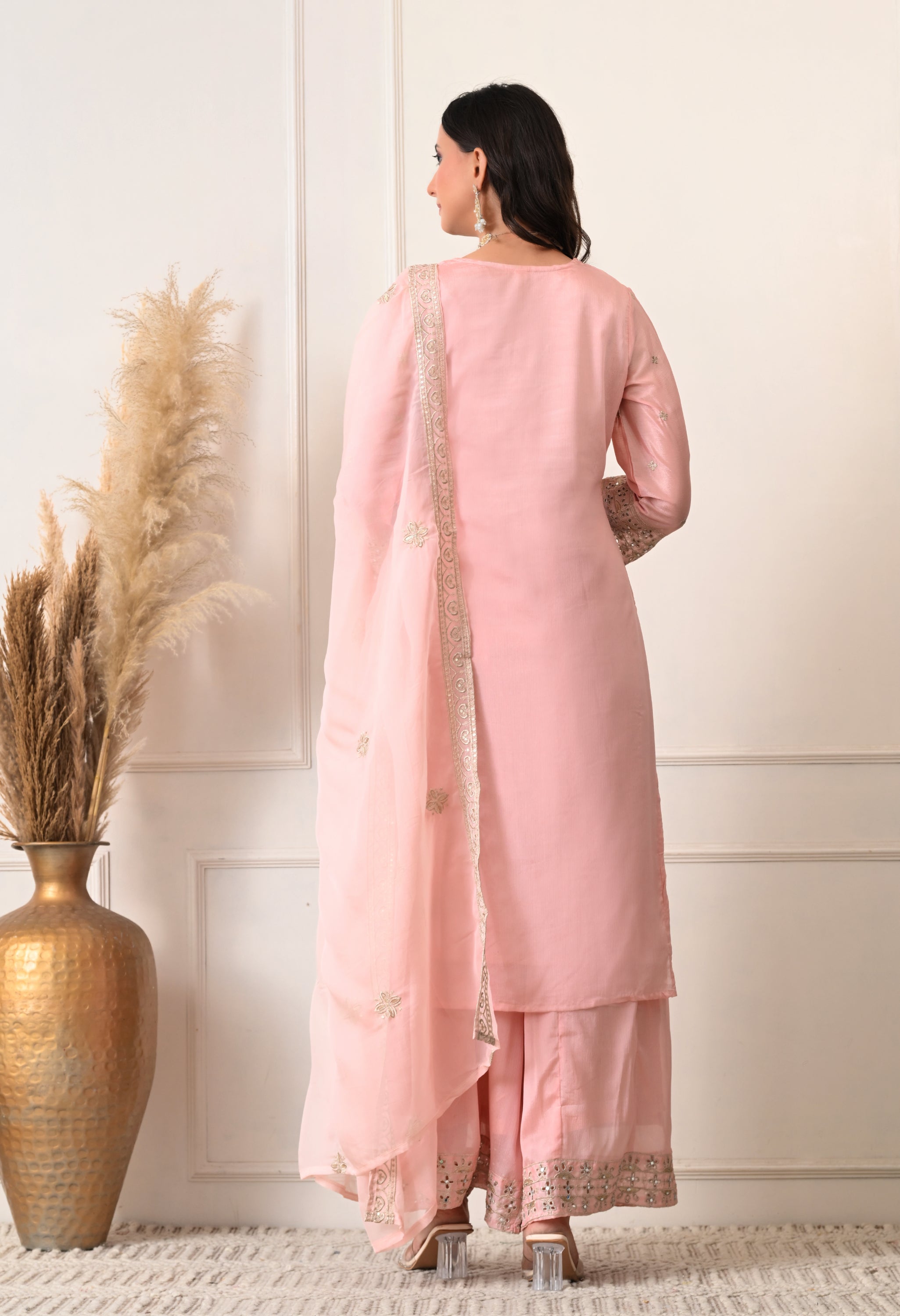 Peach Chinon Zari Sequin Cut Work Sharara Suit- Set of 3