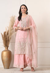 Peach Chinon Zari Sequin Cut Work Sharara Suit- Set of 3