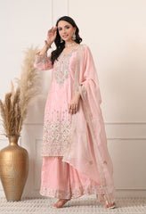 Peach Chinon Zari Sequin Cut Work Sharara Suit- Set of 3