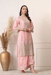 Peach Chinon Zari Sequin Cut Work Sharara Suit- Set of 3