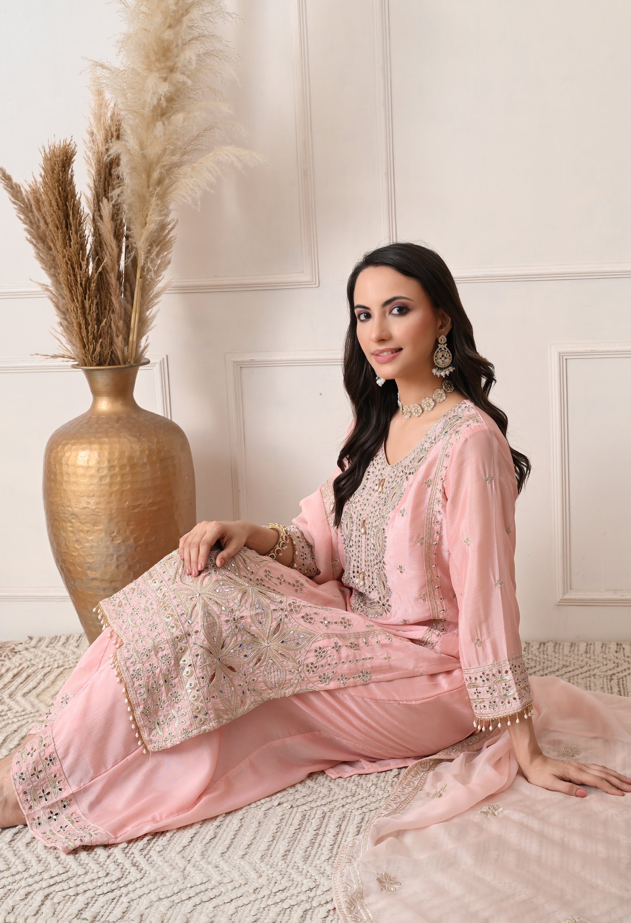 Peach Chinon Zari Sequin Cut Work Sharara Suit- Set of 3