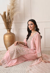 Peach Chinon Zari Sequin Cut Work Sharara Suit- Set of 3