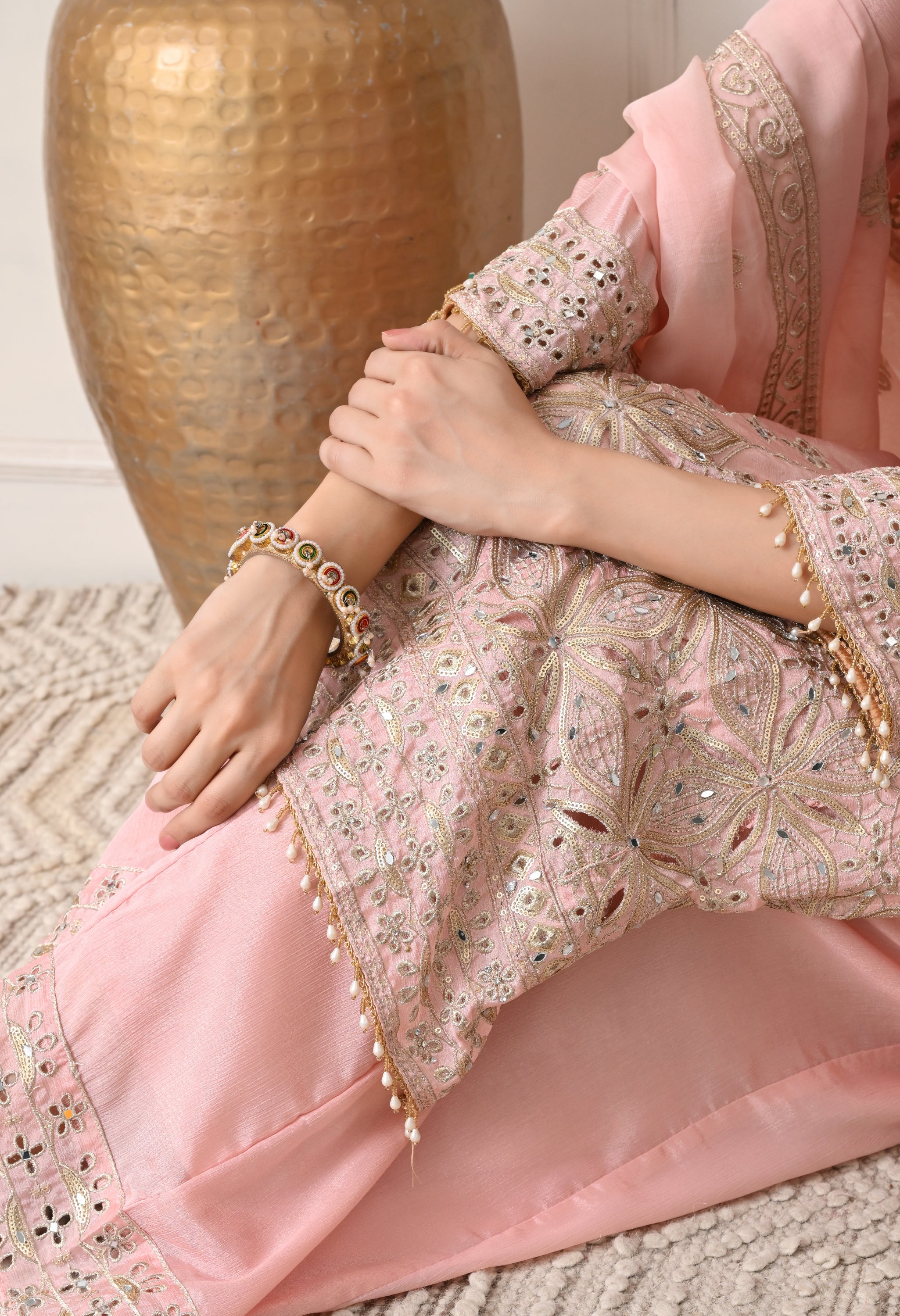 Peach Chinon Zari Sequin Cut Work Sharara Suit- Set of 3