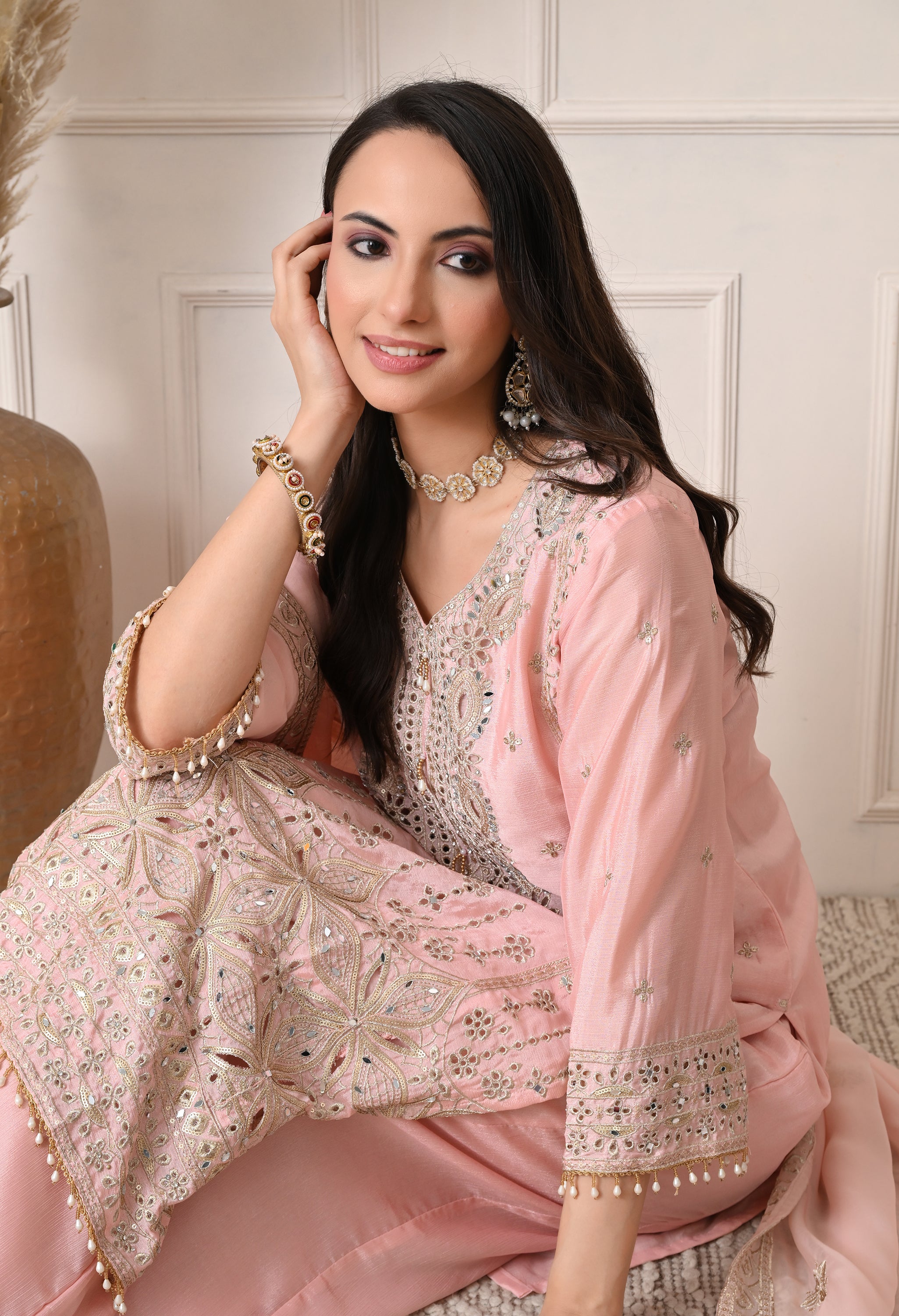 Peach Chinon Zari Sequin Cut Work Sharara Suit- Set of 3