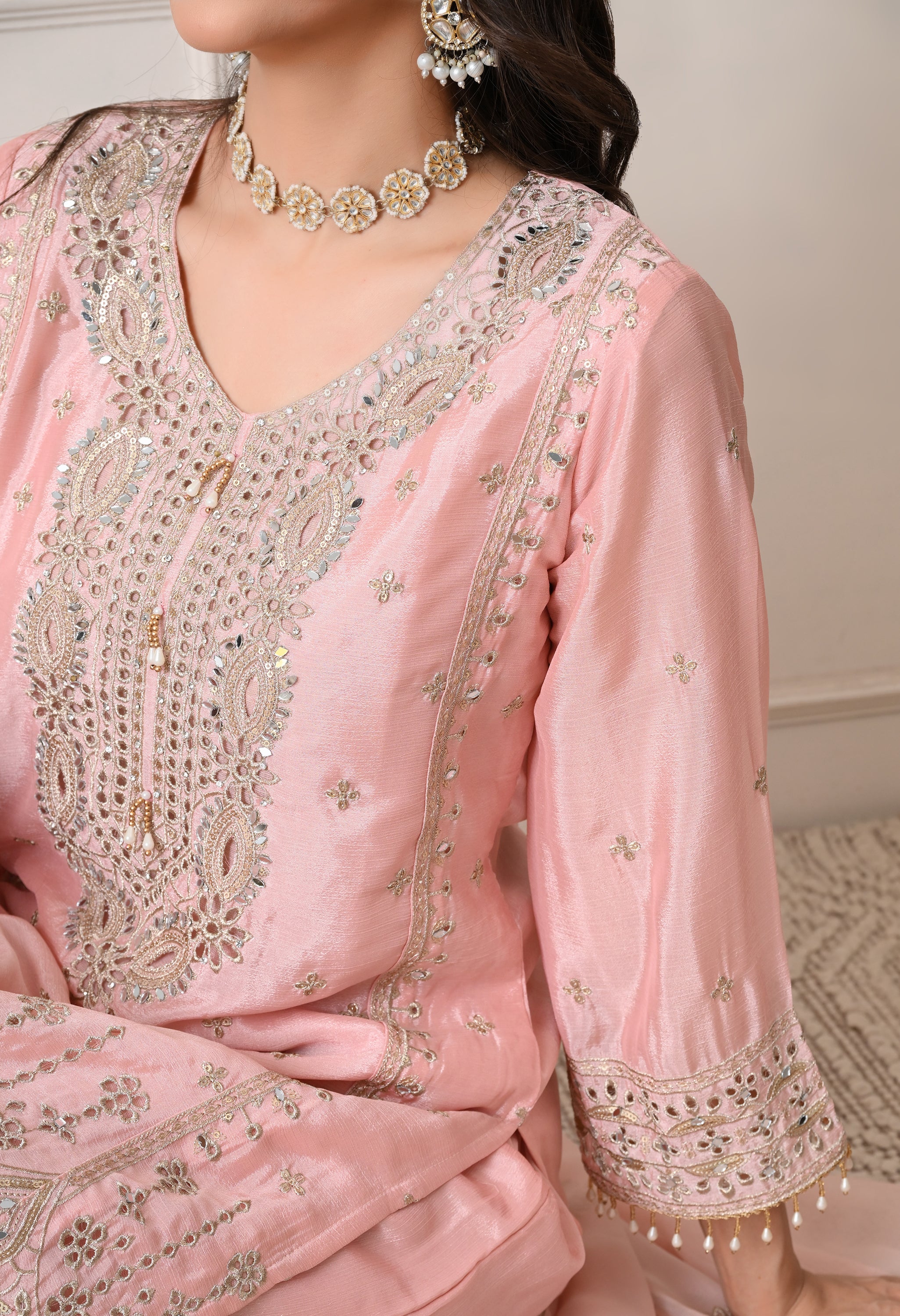 Peach Chinon Zari Sequin Cut Work Sharara Suit- Set of 3
