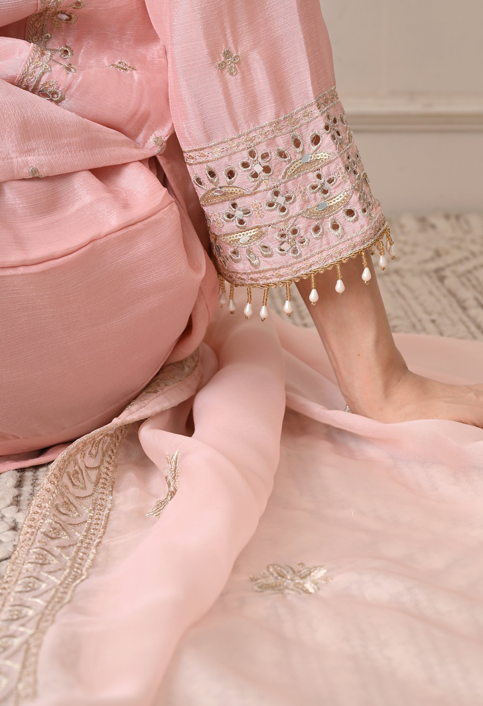 Peach Chinon Zari Sequin Cut Work Sharara Suit- Set of 3