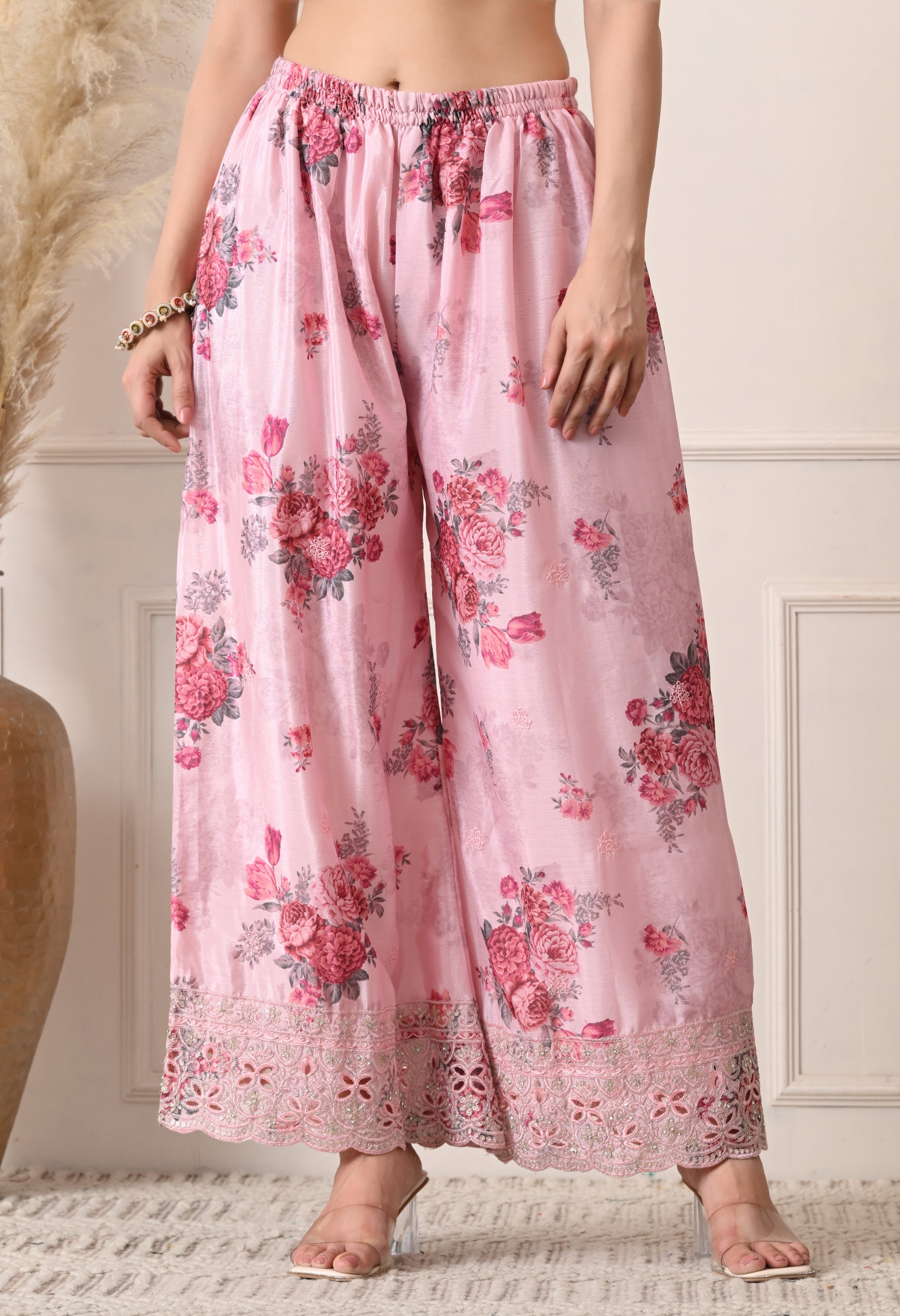 Pink Chinon Zari Mirror Cut Work Floral Sharara Suit- Set of 3