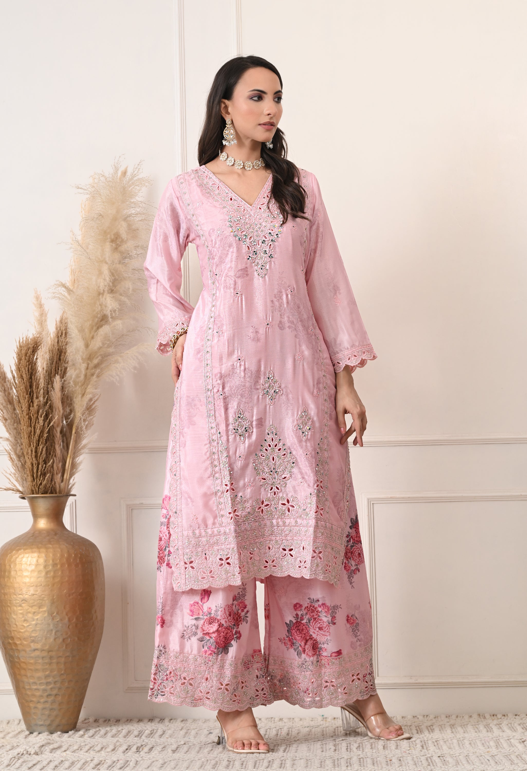 Pink Chinon Zari Mirror Cut Work Floral Sharara Suit- Set of 3