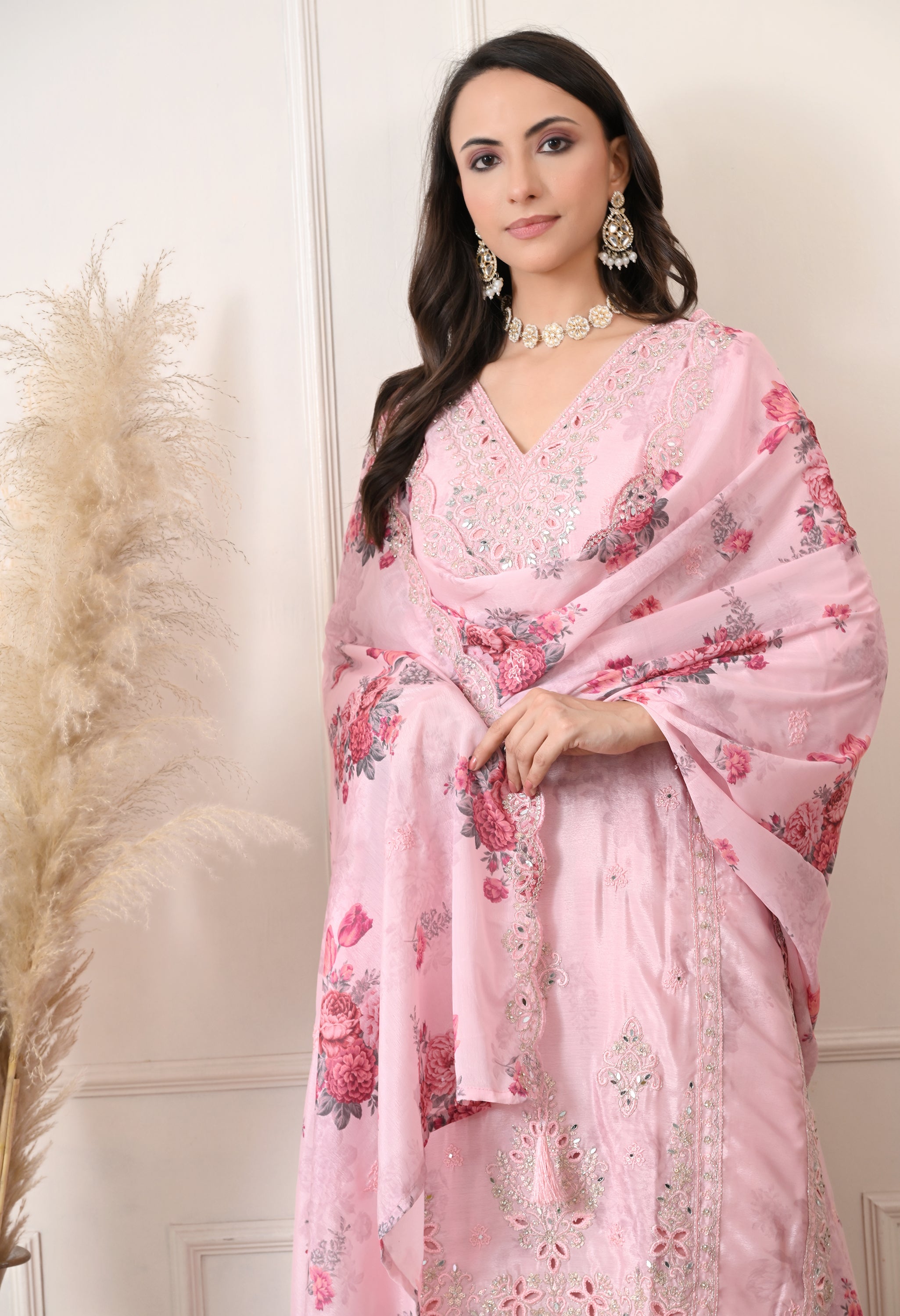 Pink Chinon Zari Mirror Cut Work Floral Sharara Suit- Set of 3