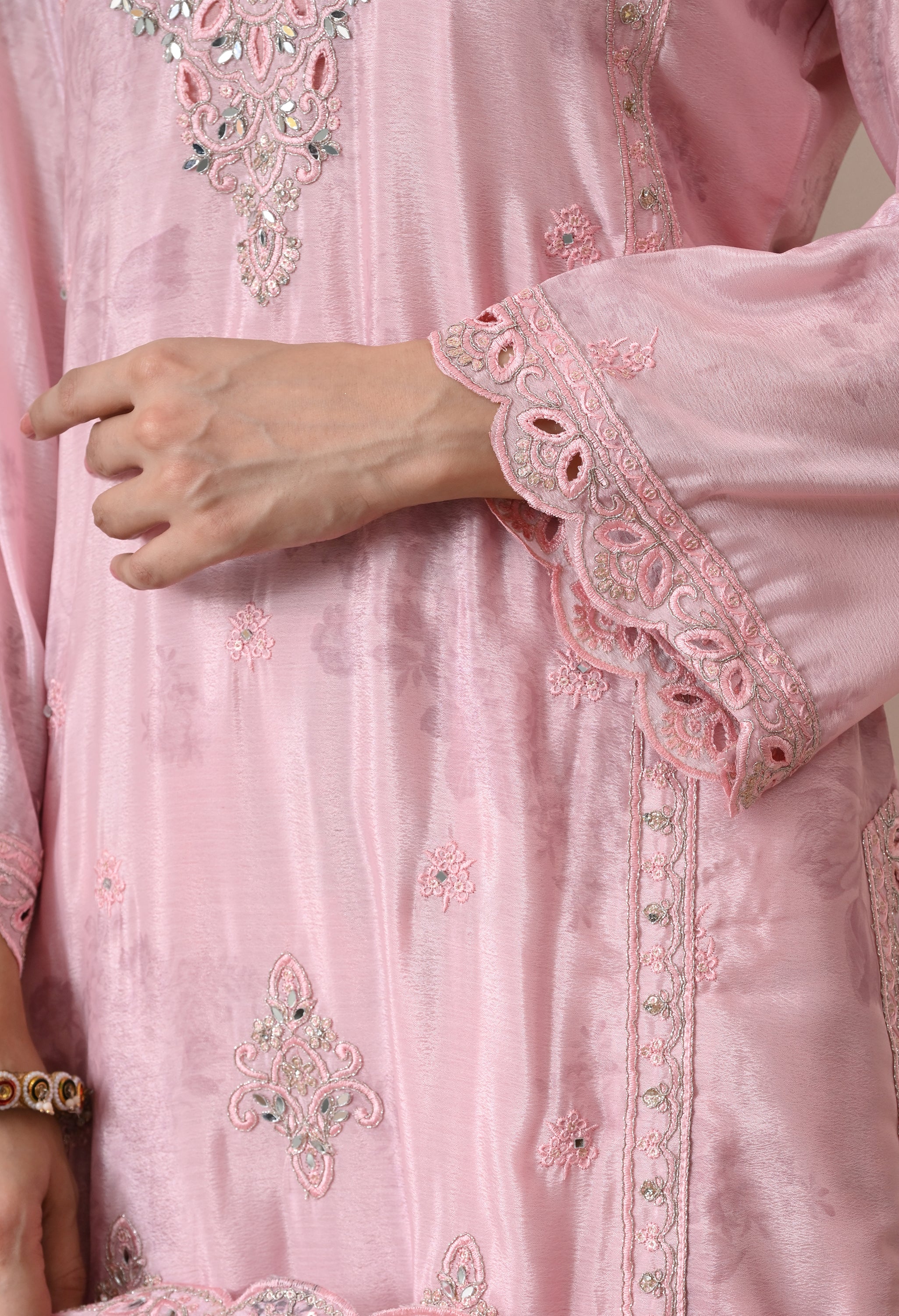 Pink Chinon Zari Mirror Cut Work Floral Sharara Suit- Set of 3