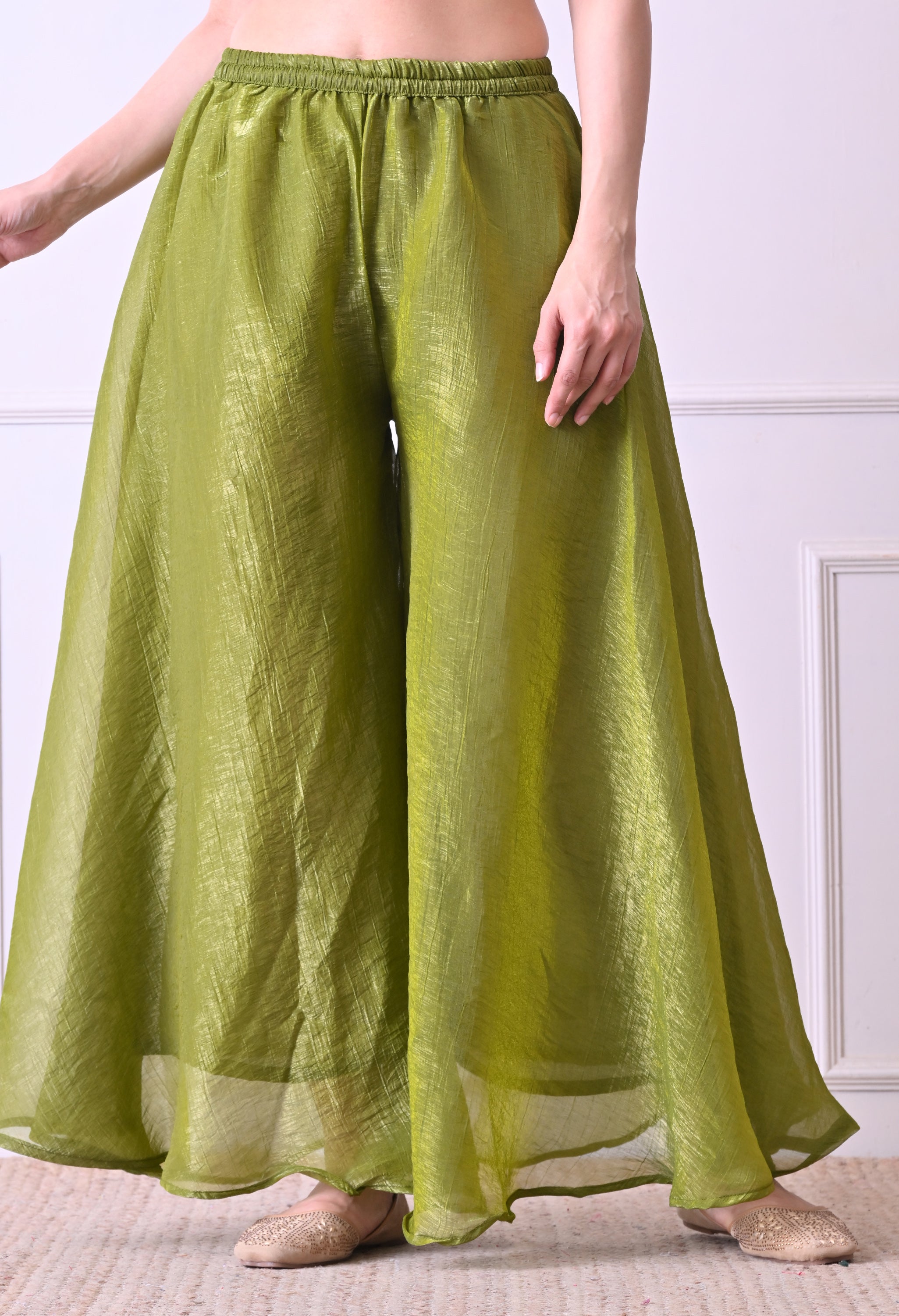 Green Crush Tissue Beads Sequin Embroidered Sharara Suit - Set of 3