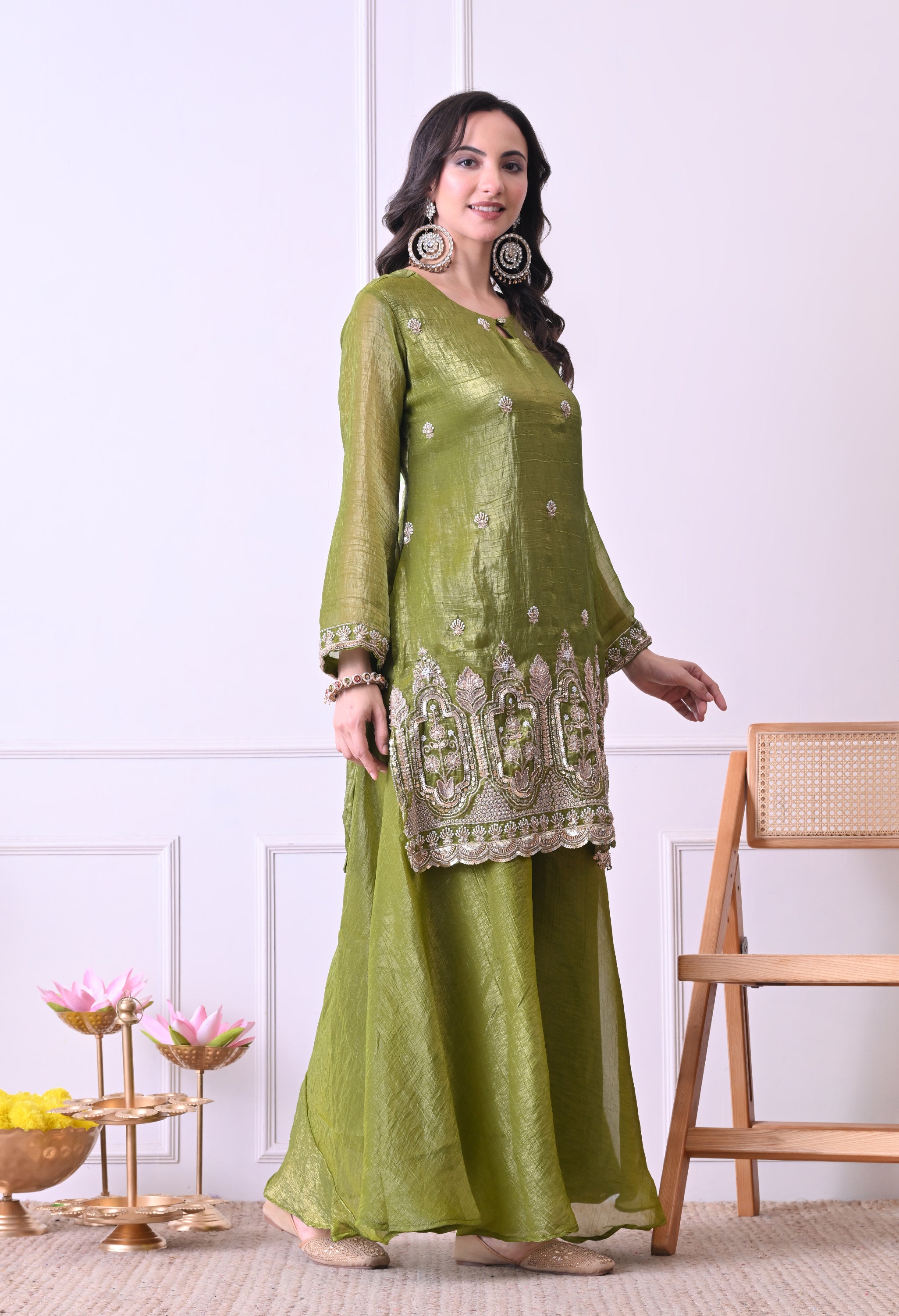 Green Crush Tissue Beads Sequin Embroidered Sharara Suit - Set of 3