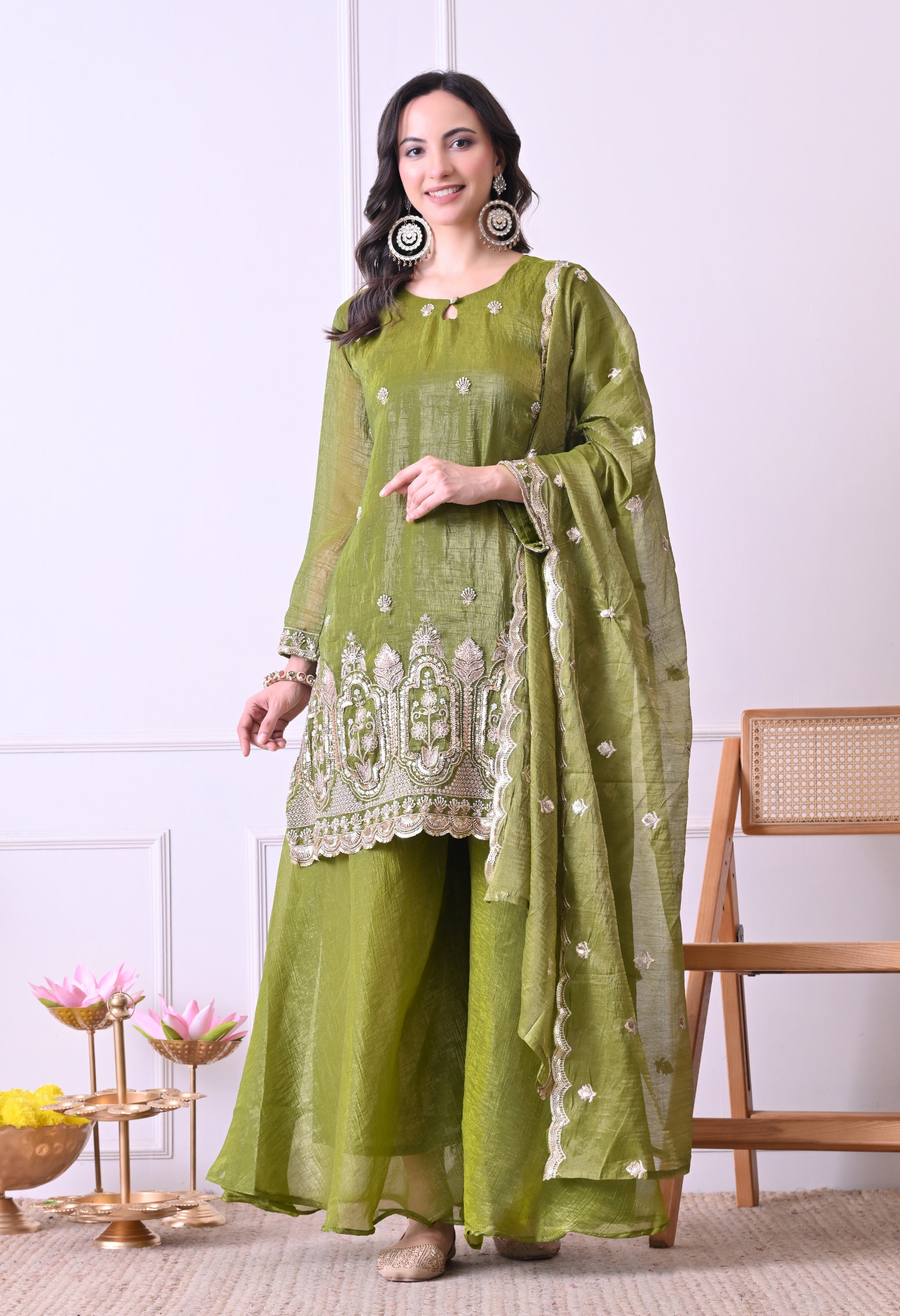 Green Crush Tissue Beads Sequin Embroidered Sharara Suit - Set of 3