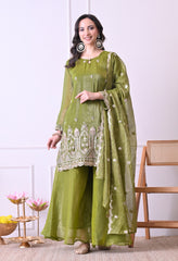 Green Crush Tissue Beads Sequin Embroidered Sharara Suit - Set of 3