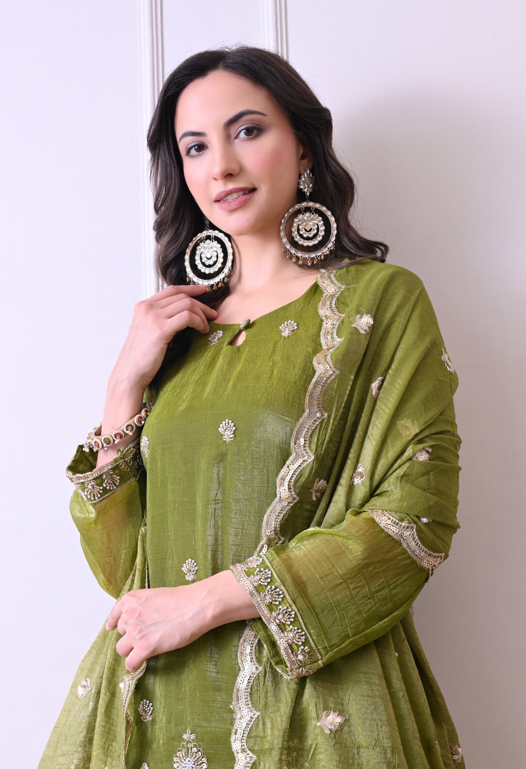 Green Crush Tissue Beads Sequin Embroidered Sharara Suit - Set of 3