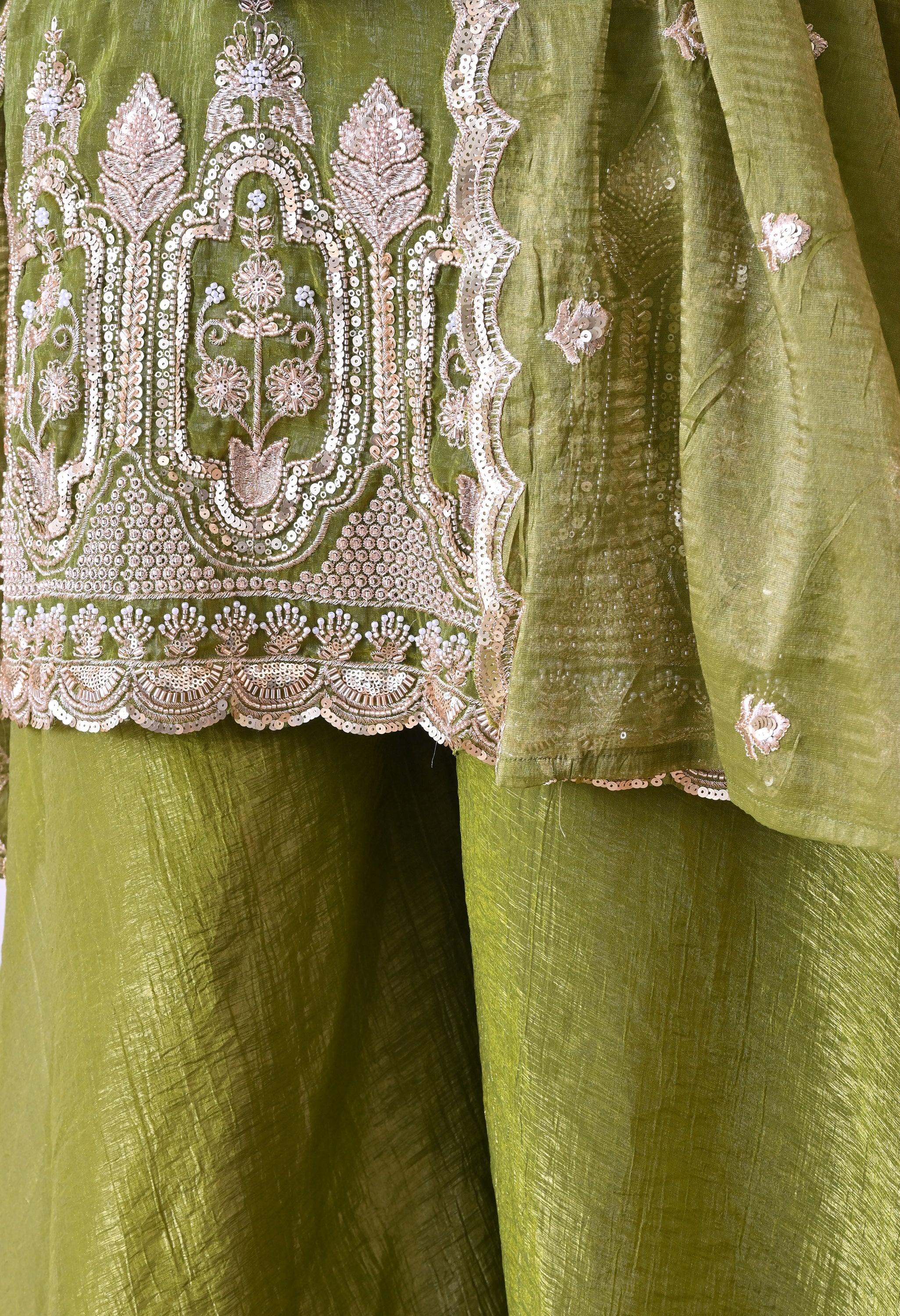 Green Crush Tissue Beads Sequin Embroidered Sharara Suit - Set of 3