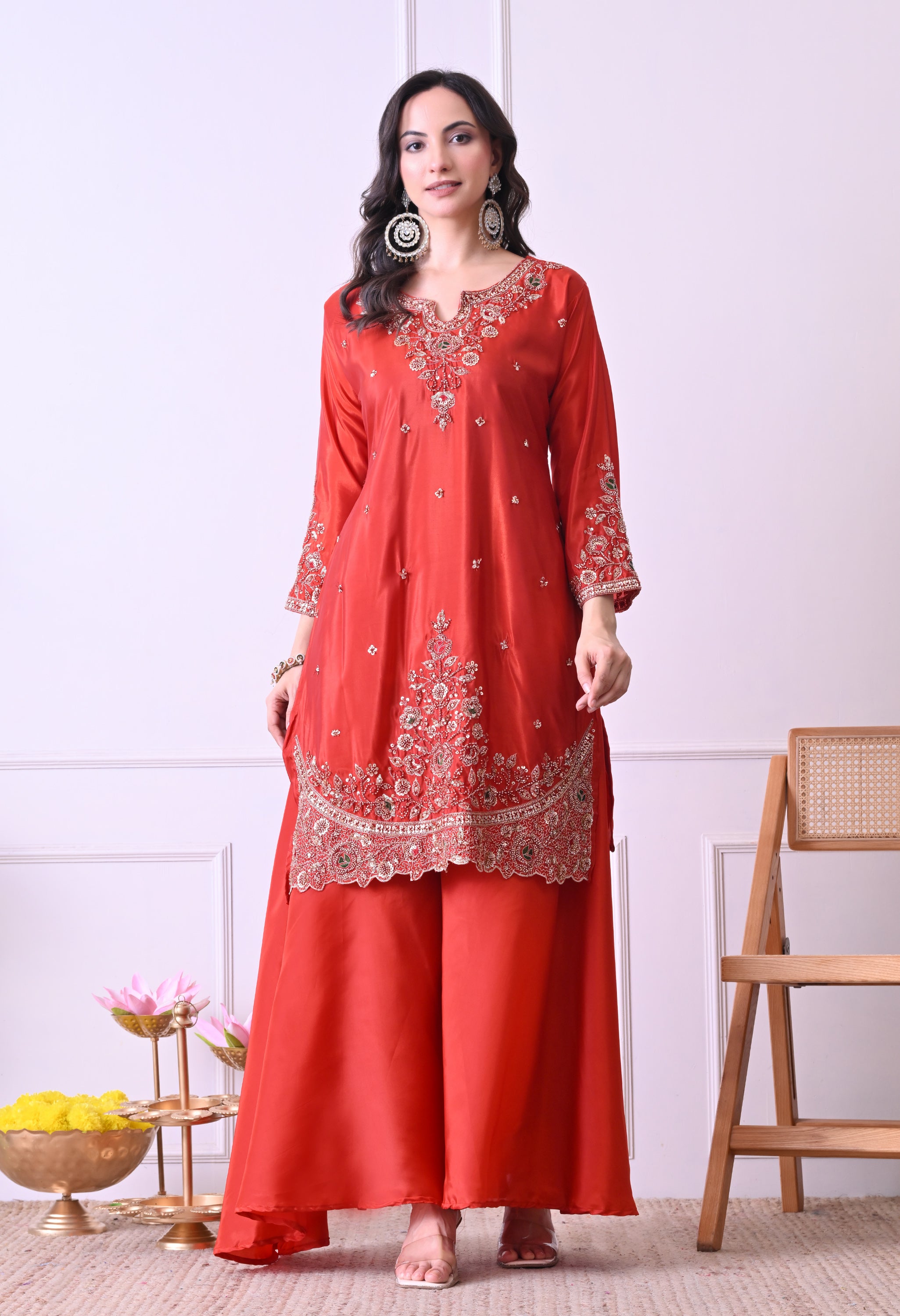 Rust Orange Crepe Beads Sequin Embroidered Sharara Suit - Set of 3