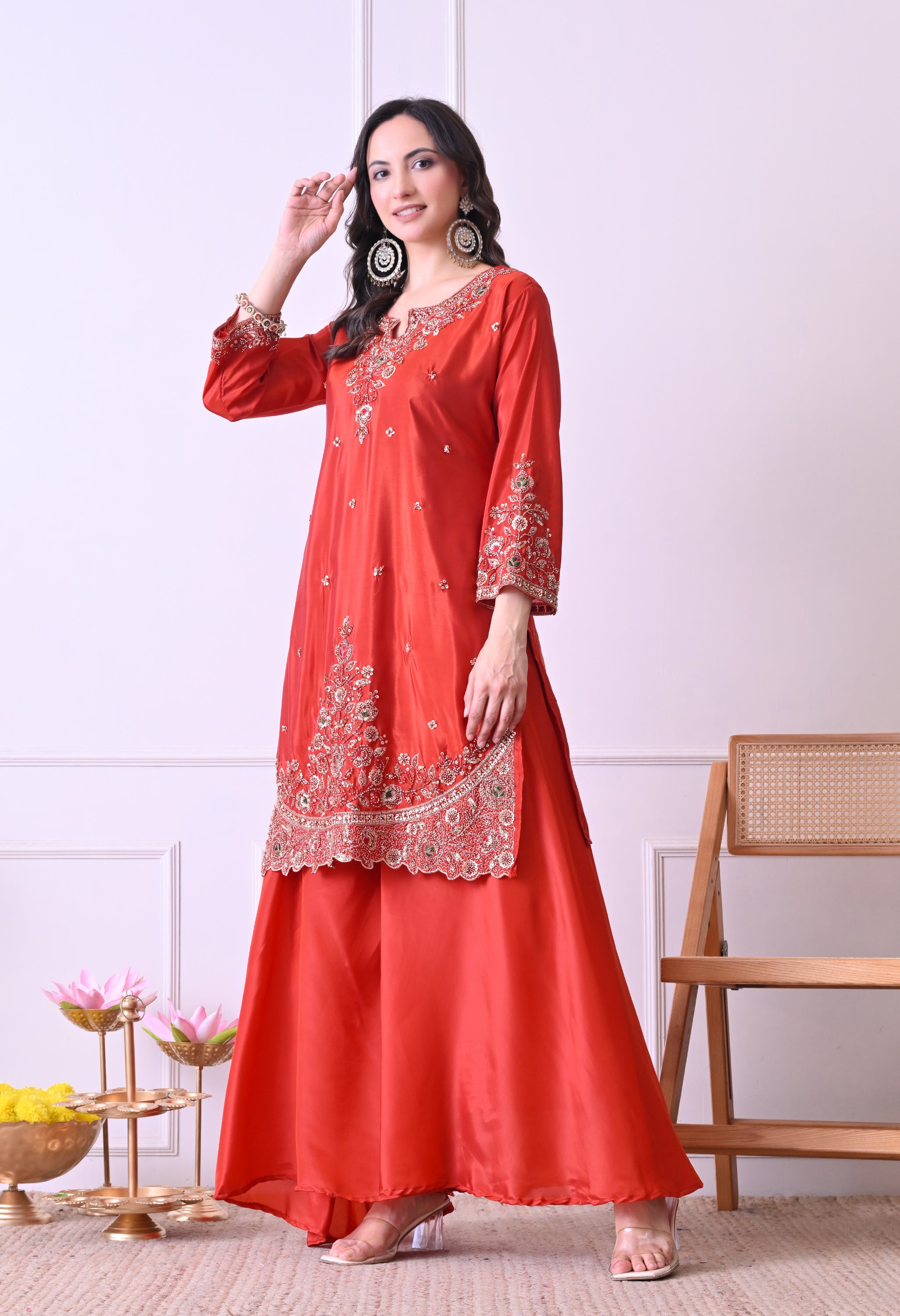 Rust Orange Crepe Beads Sequin Embroidered Sharara Suit - Set of 3