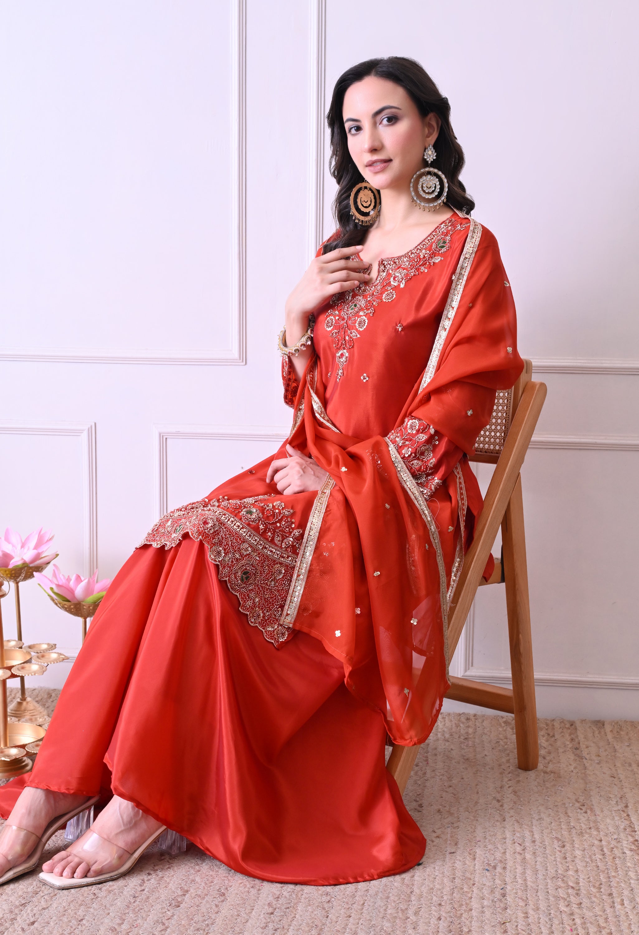 Rust Orange Crepe Beads Sequin Embroidered Sharara Suit - Set of 3