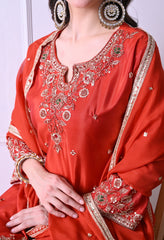 Rust Orange Crepe Beads Sequin Embroidered Sharara Suit - Set of 3