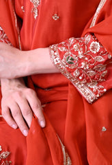 Rust Orange Crepe Beads Sequin Embroidered Sharara Suit - Set of 3