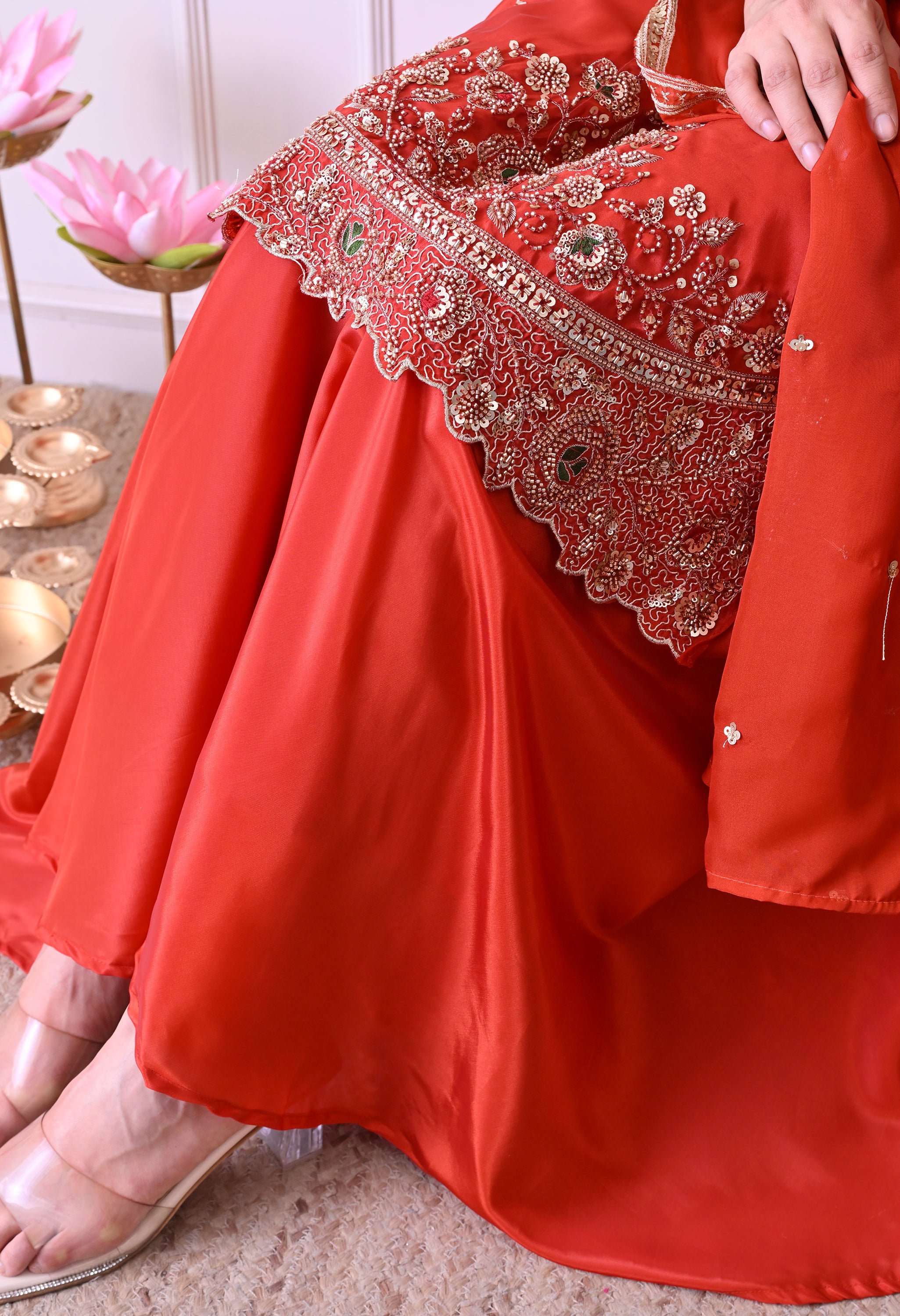 Rust Orange Crepe Beads Sequin Embroidered Sharara Suit - Set of 3