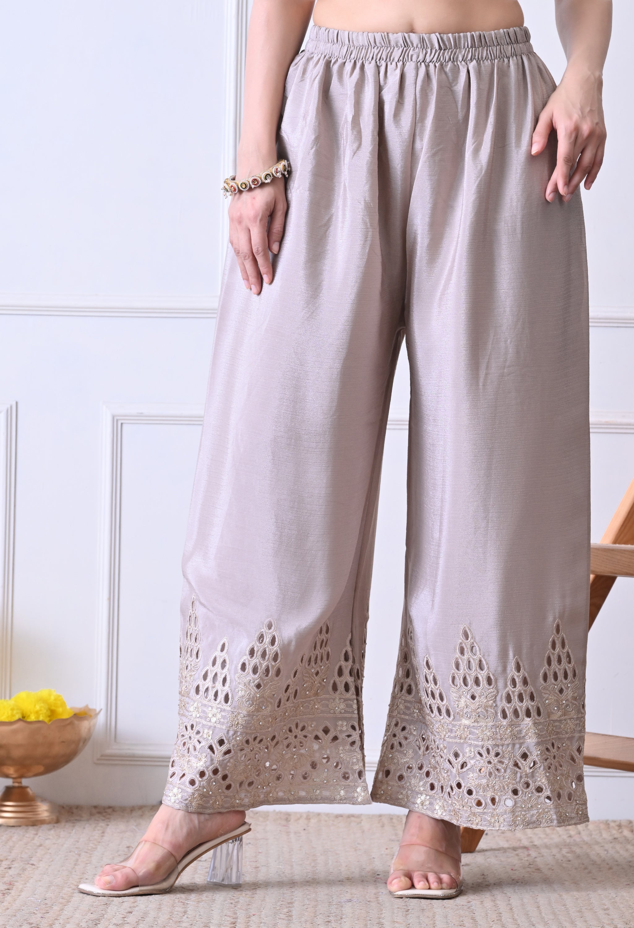 Grey Chinon Zari Sequin Cut Work Sharara Suit- Set of 3