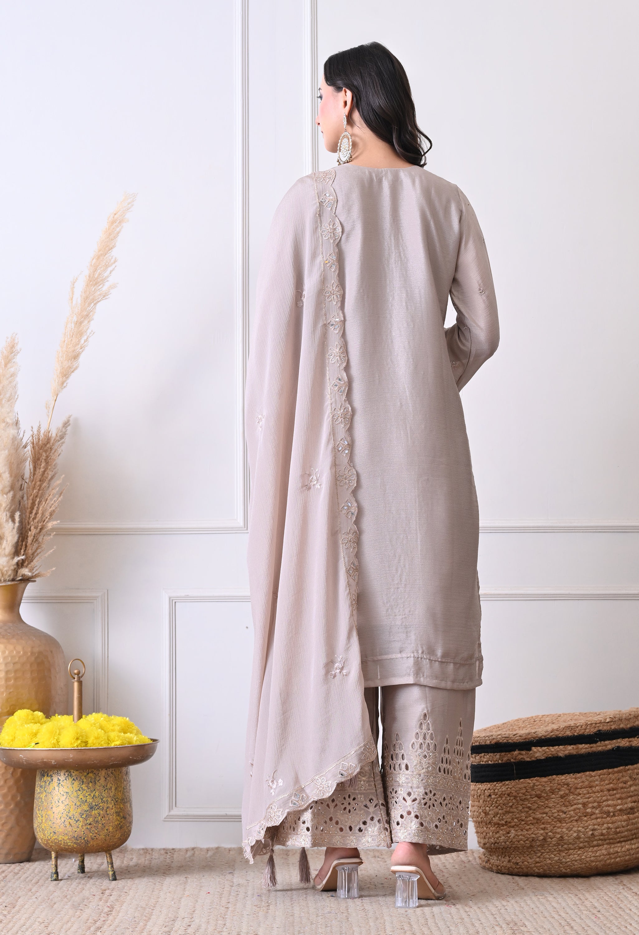 Grey Chinon Zari Sequin Cut Work Sharara Suit- Set of 3