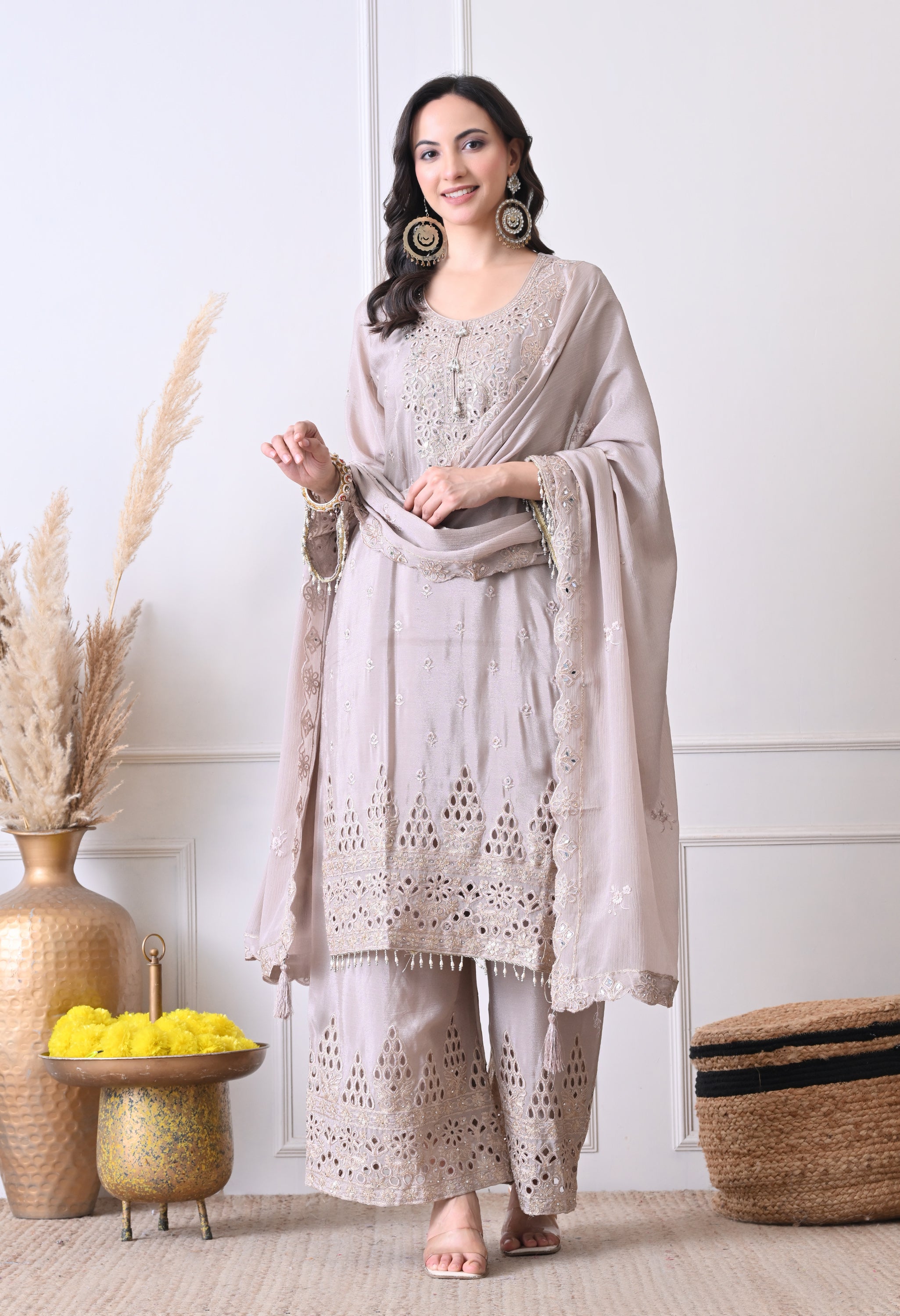 Grey Chinon Zari Sequin Cut Work Sharara Suit- Set of 3