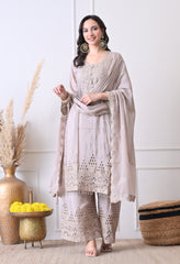 Grey Chinon Zari Sequin Cut Work Sharara Suit- Set of 3