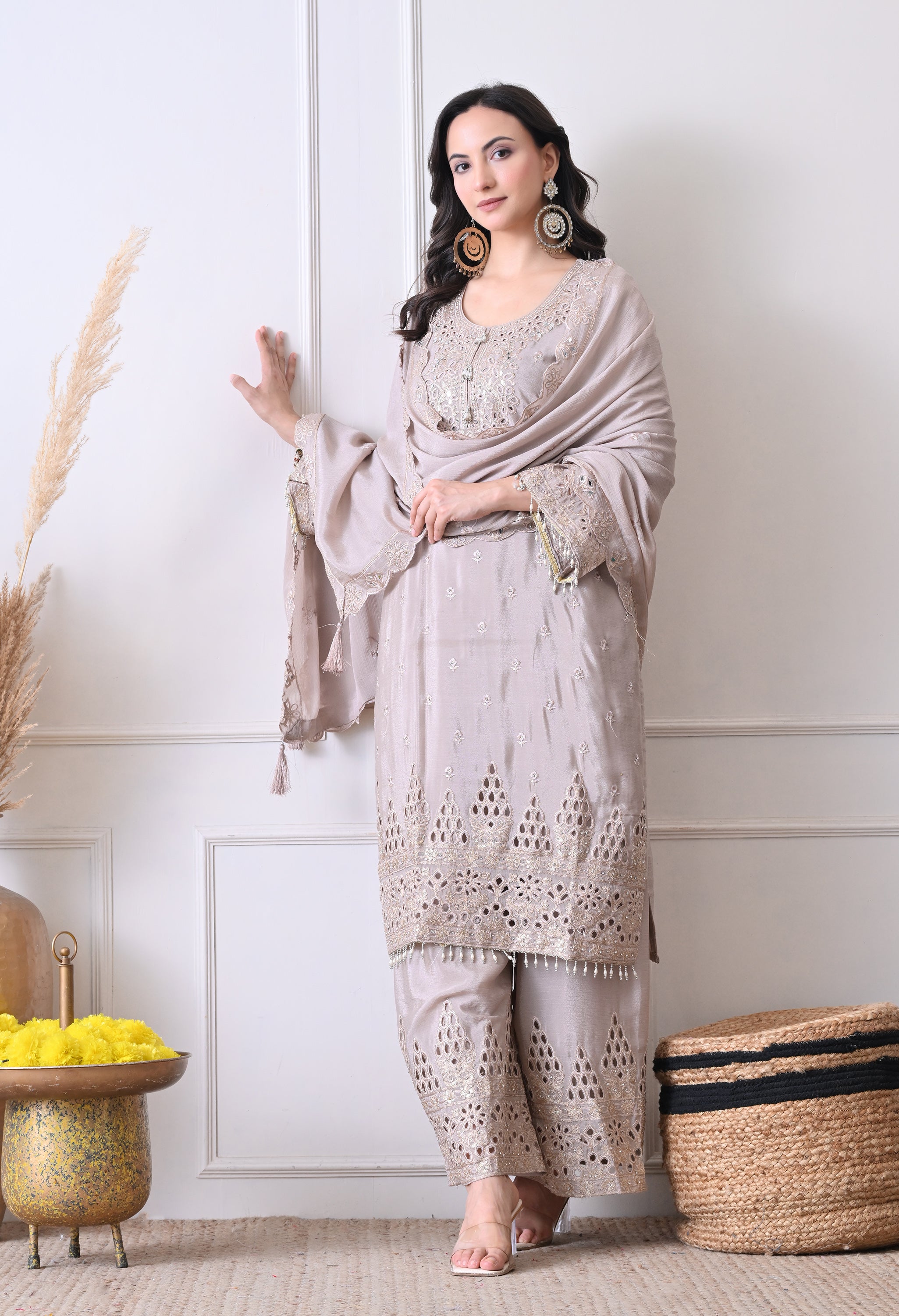 Grey Chinon Zari Sequin Cut Work Sharara Suit- Set of 3