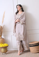 Grey Chinon Zari Sequin Cut Work Sharara Suit- Set of 3