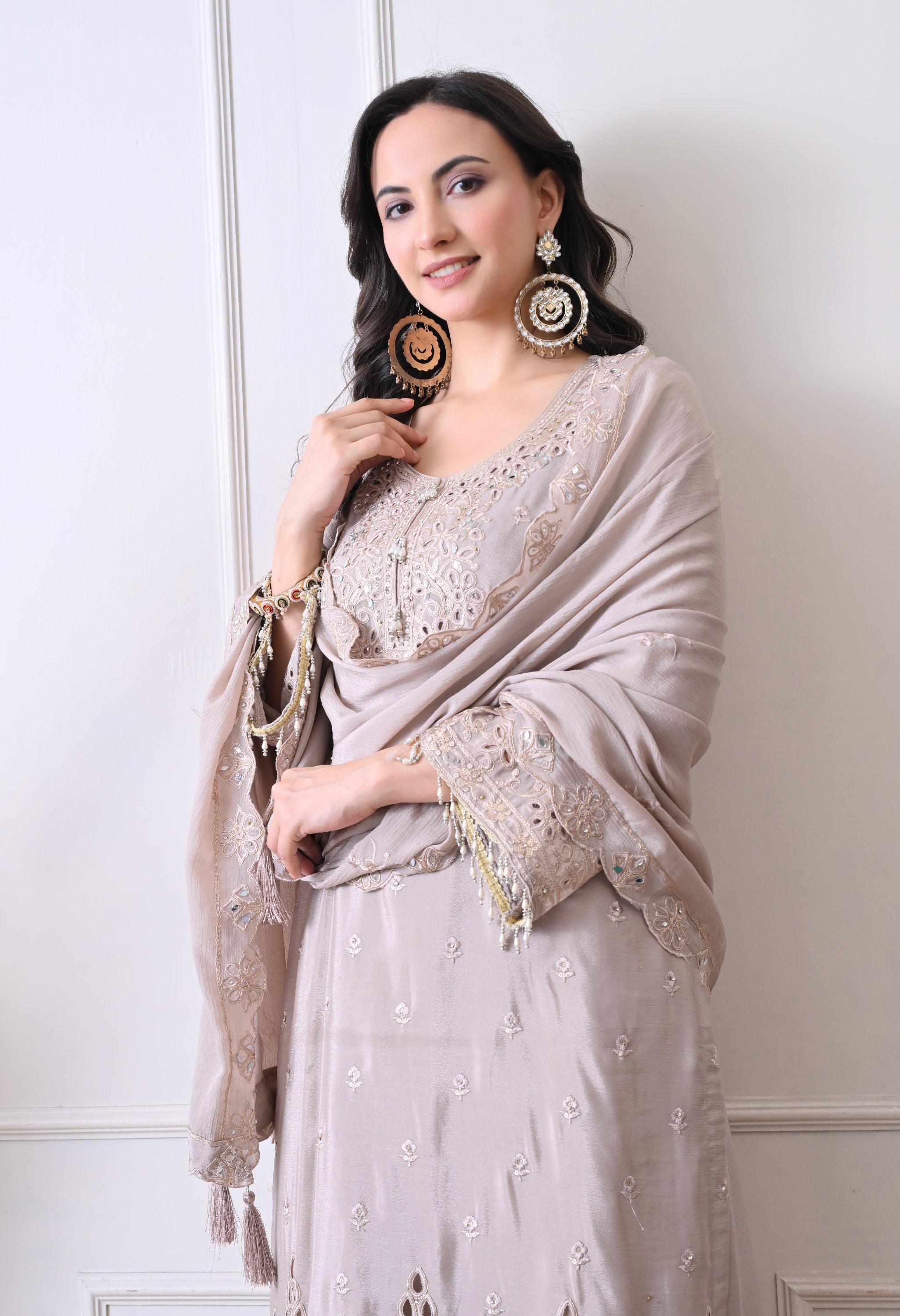 Grey Chinon Zari Sequin Cut Work Sharara Suit- Set of 3