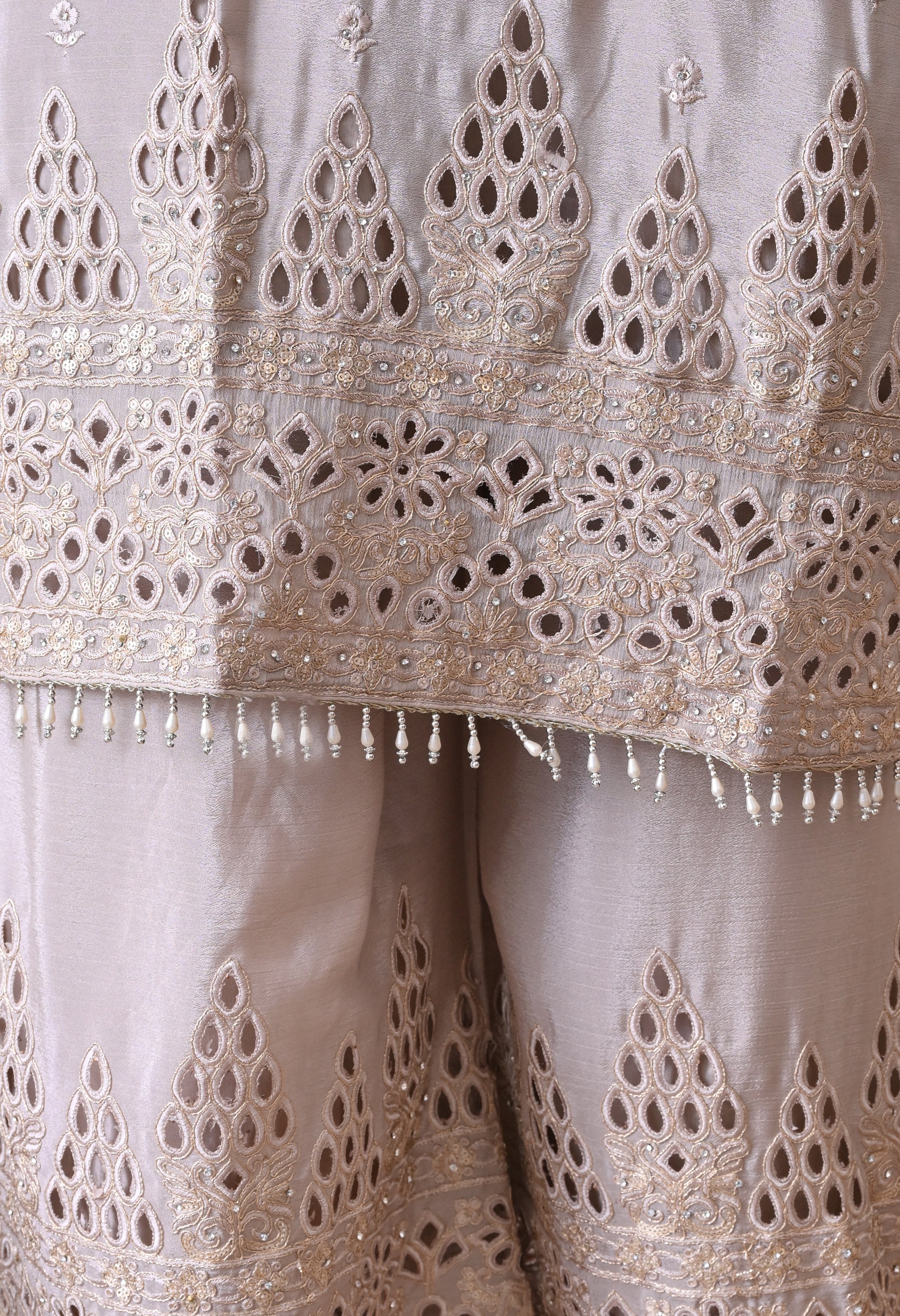 Grey Chinon Zari Sequin Cut Work Sharara Suit- Set of 3