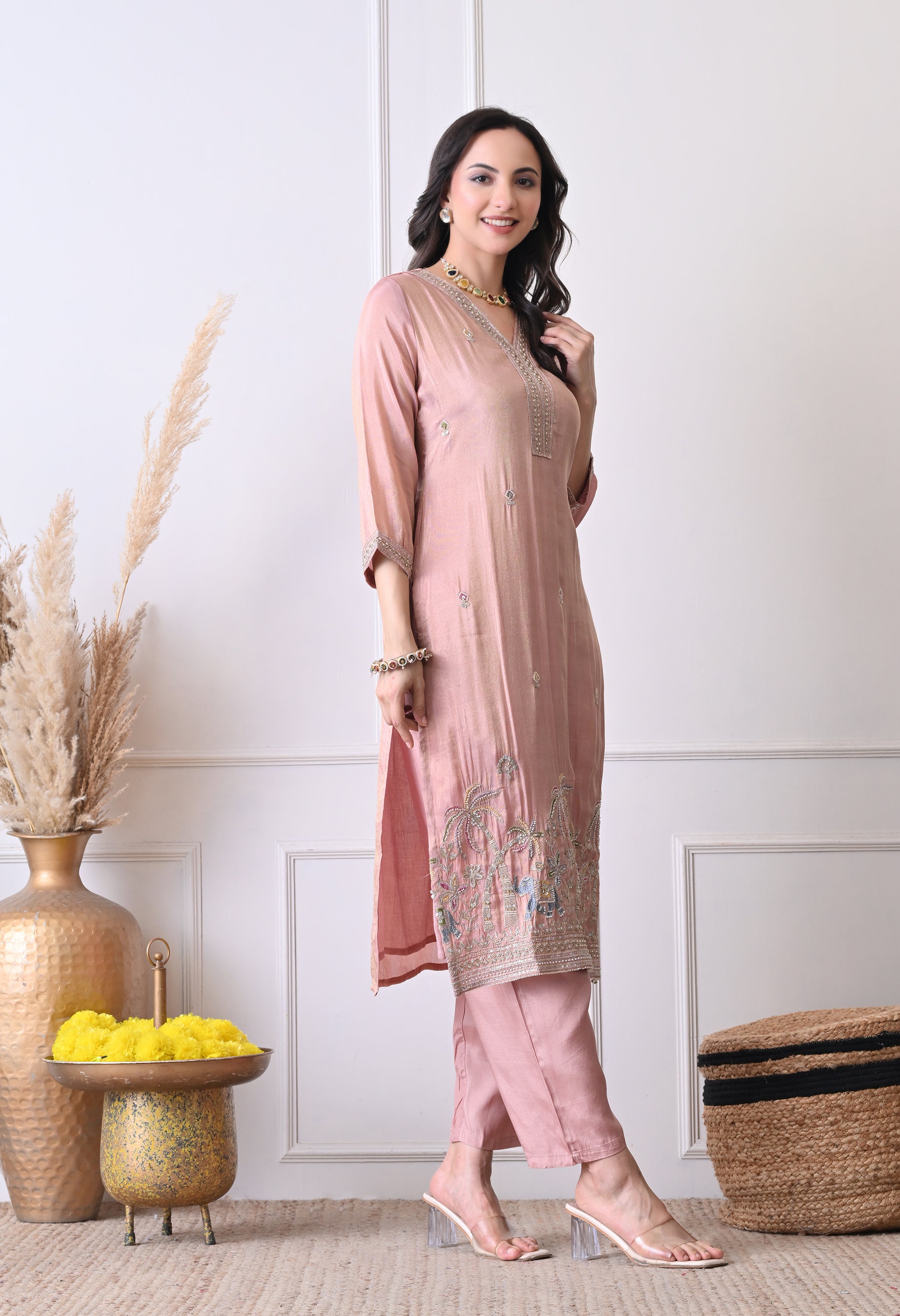 Blush Pink Tissue Shimmer Hand Embroidered Suit- Set of 3