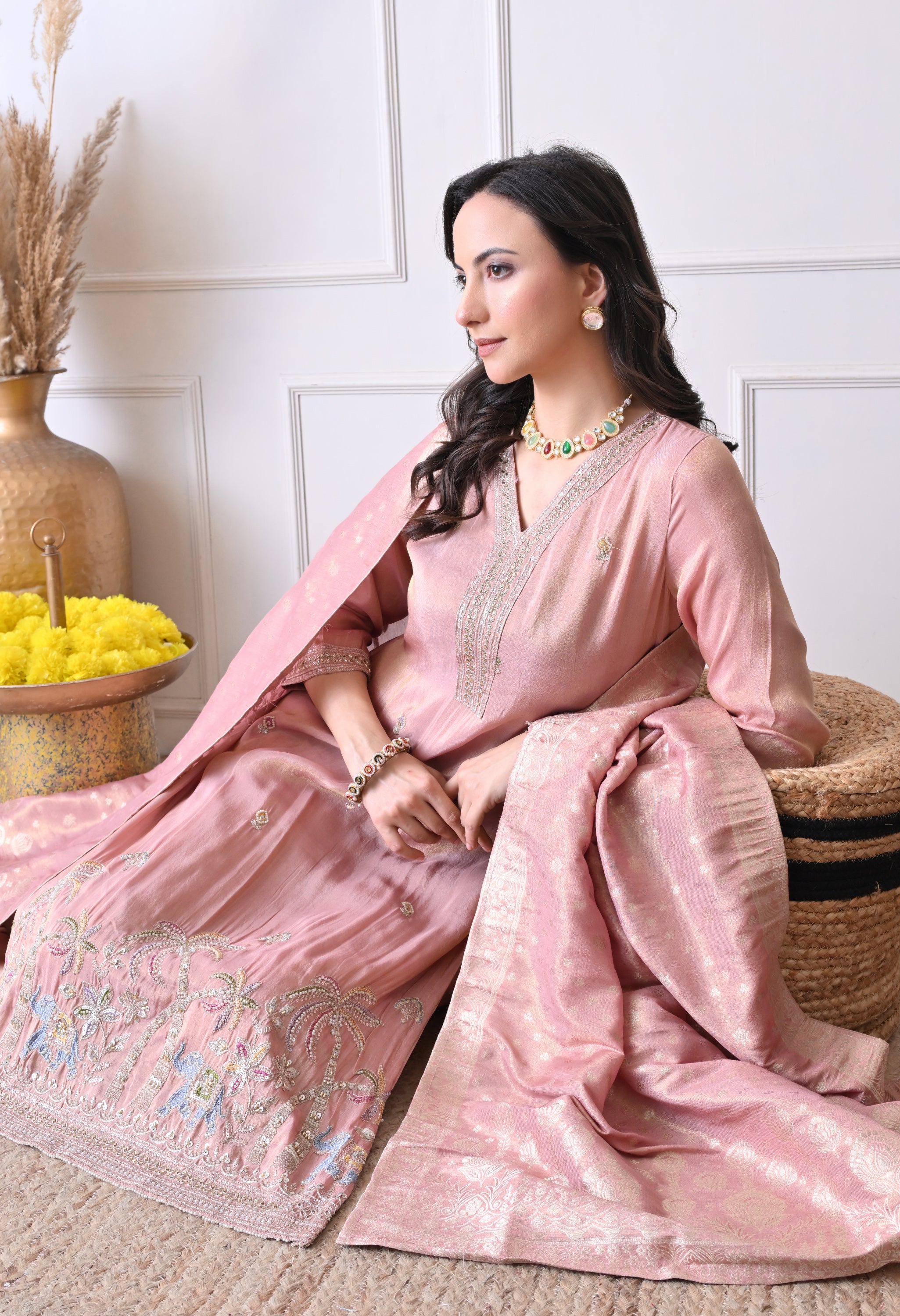 Blush Pink Tissue Shimmer Hand Embroidered Suit- Set of 3