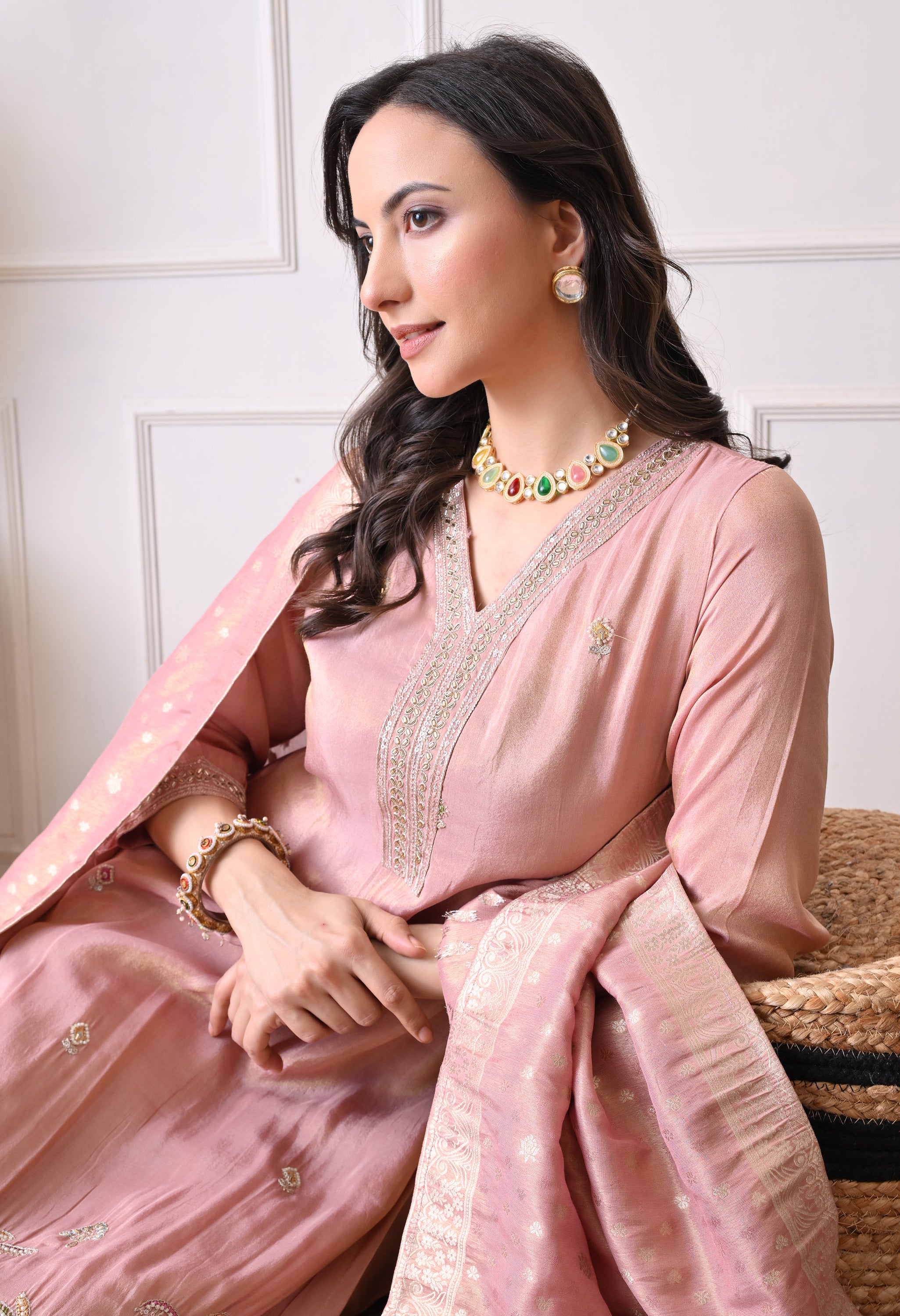 Blush Pink Tissue Shimmer Hand Embroidered Suit- Set of 3