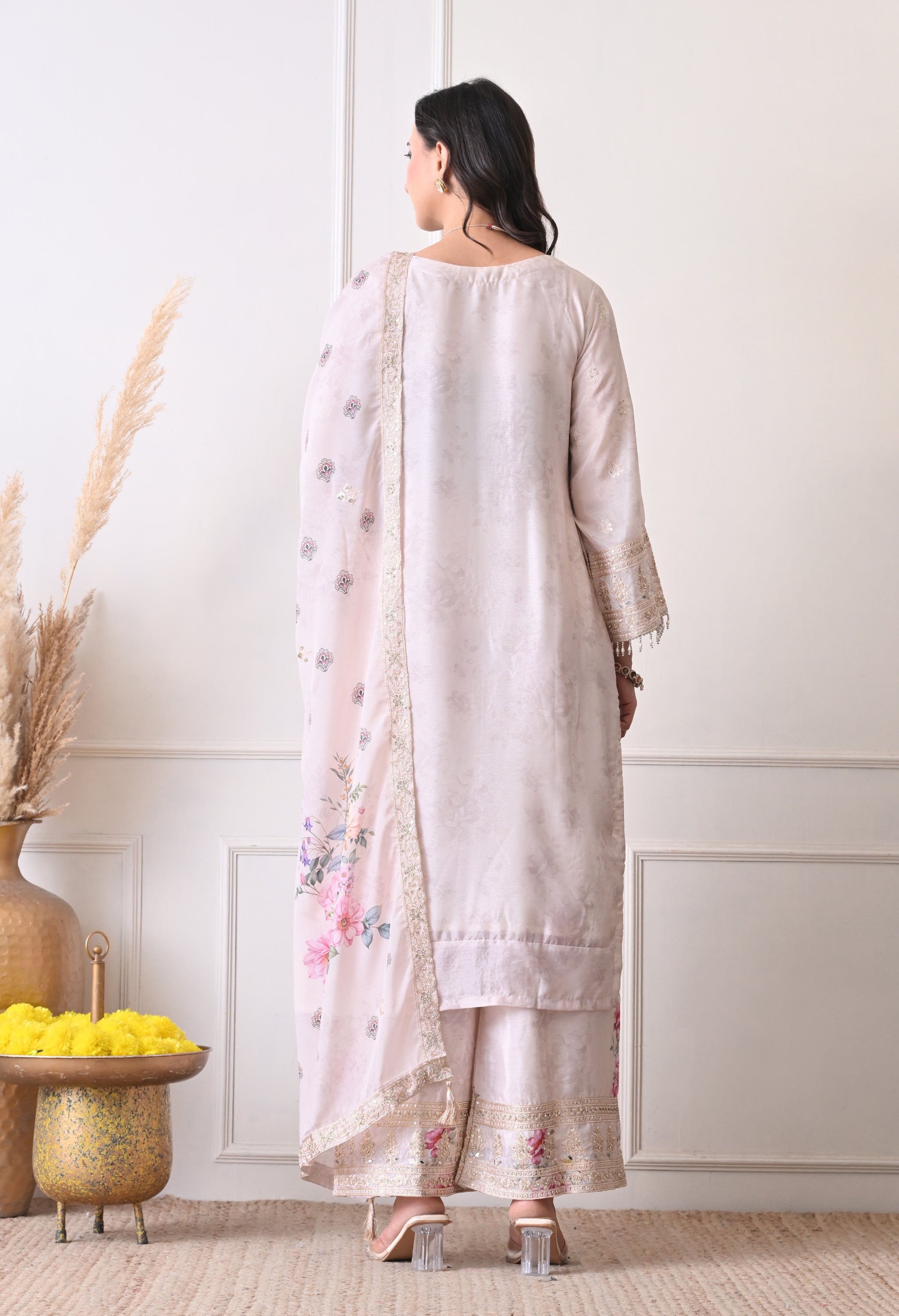 Ivory Chinon Zari Mirror Work Floral Sharara Suit- Set of 3