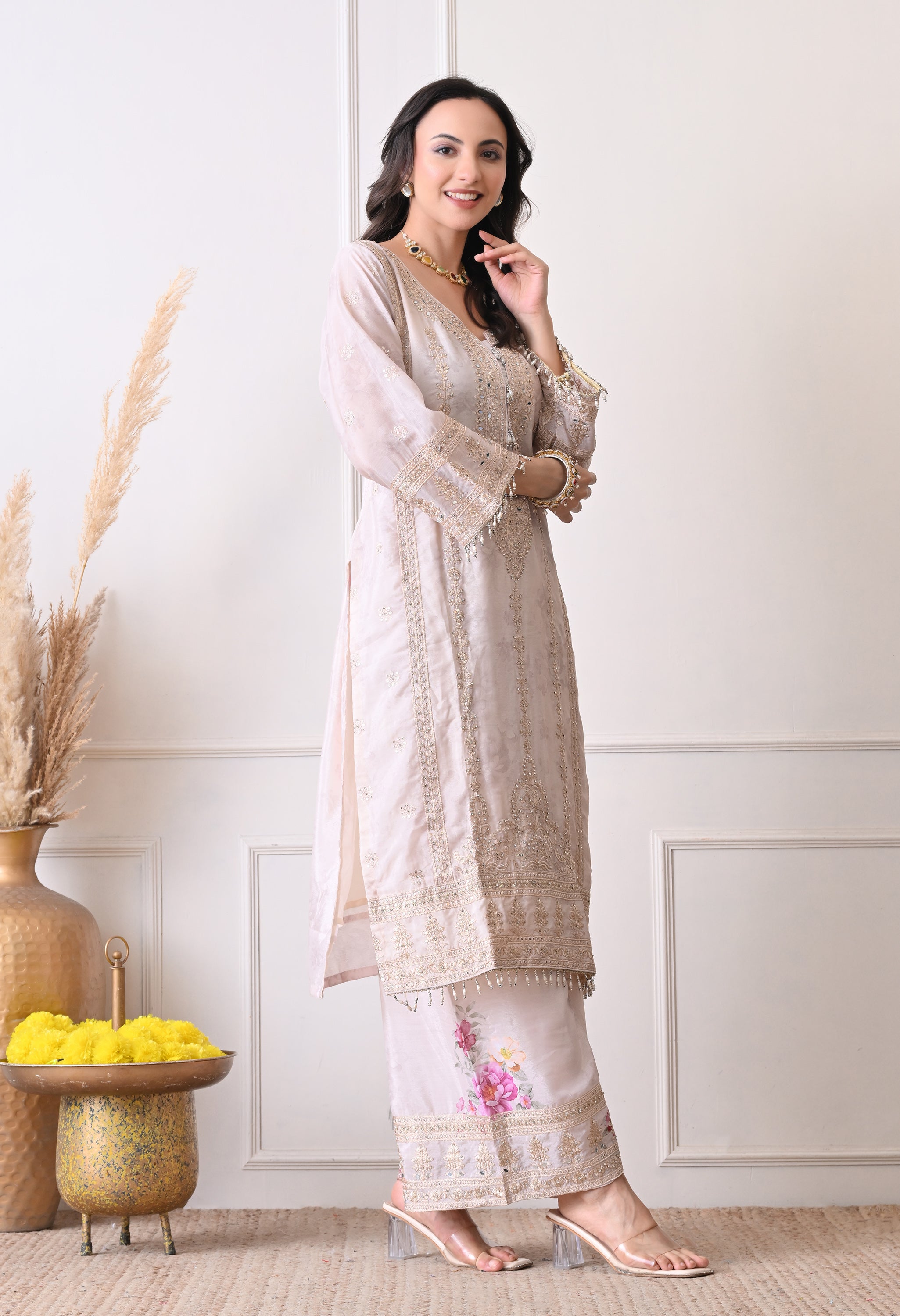 Ivory Chinon Zari Mirror Work Floral Sharara Suit- Set of 3