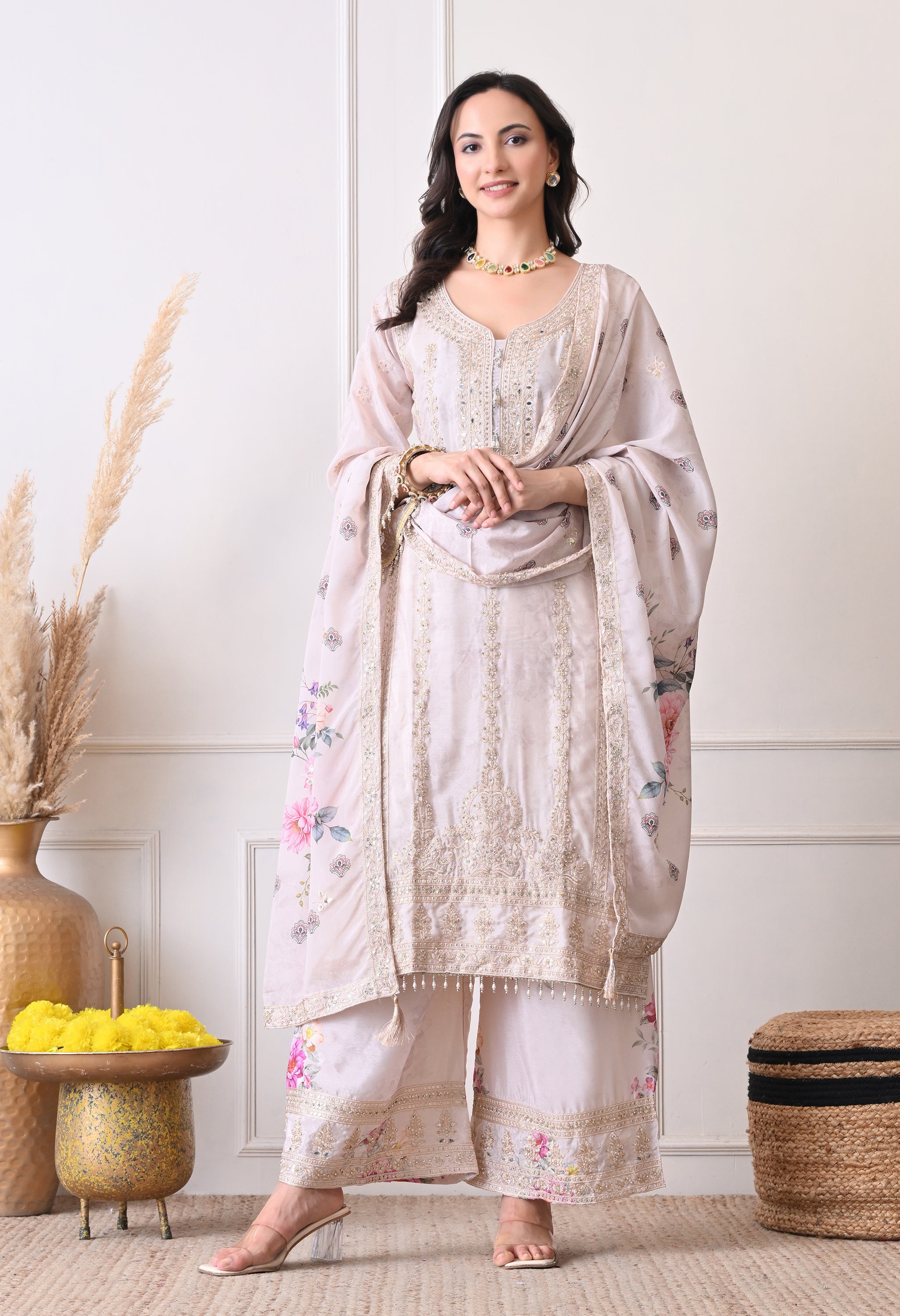 Ivory Chinon Zari Mirror Work Floral Sharara Suit- Set of 3
